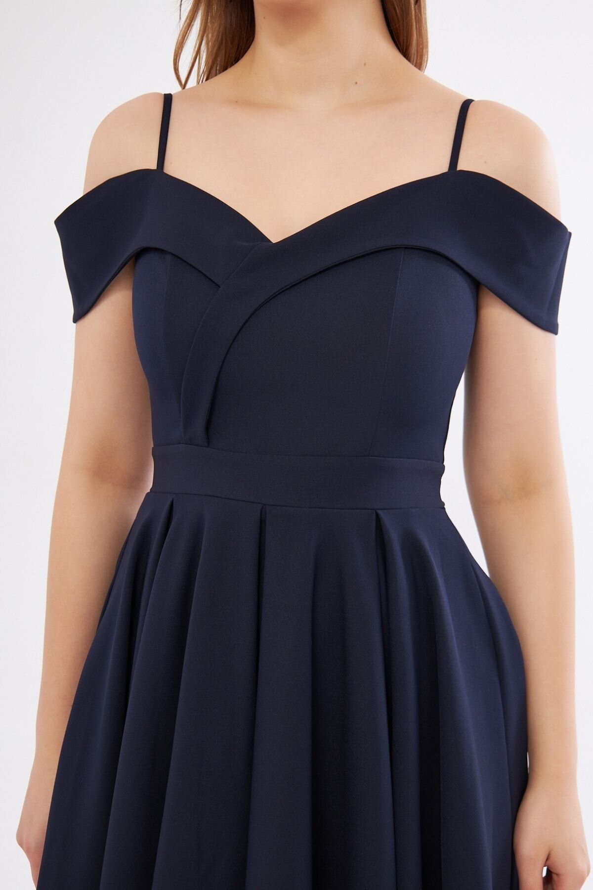 Mini Flared Pleated Strappy Evening Dress - Navy Blue - Bidoluelbise