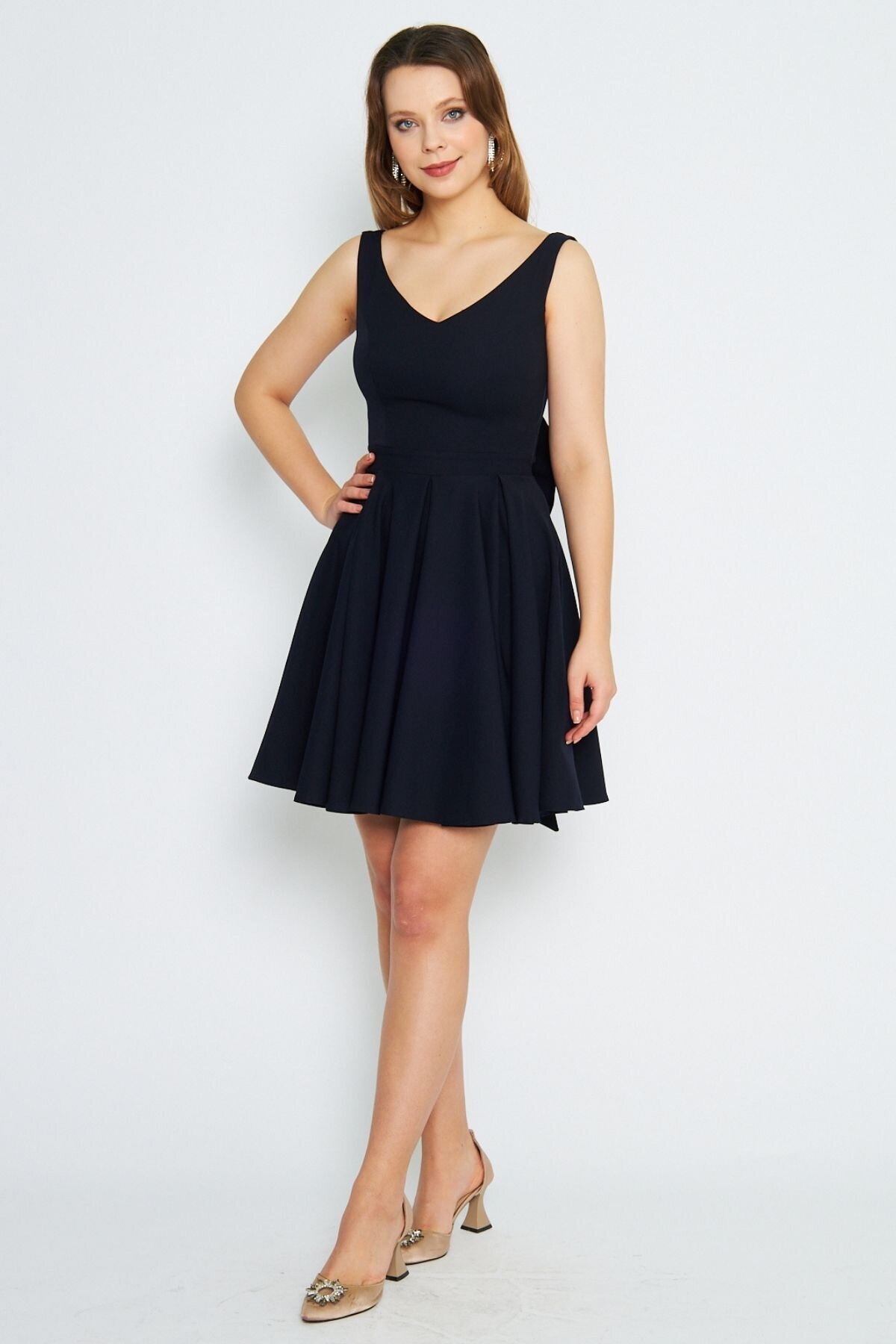Mini Flared Pleated V-Neck Back-Bow Evening Dress - Navy Blue - Bidoluelbise