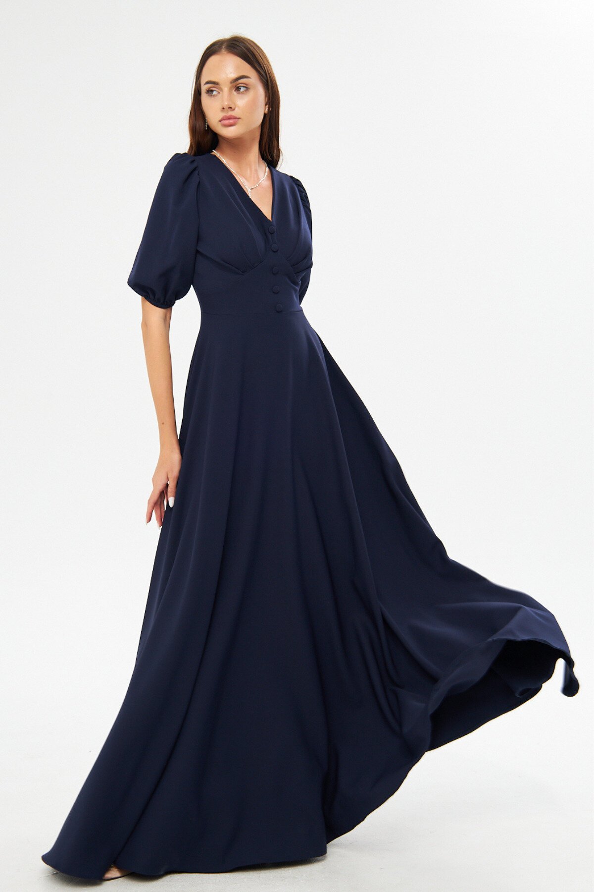 Lacivert Uzun Balon Kol V Yaka Korsaj Kemer Detaylı Abiye Elbise - Bidoluelbise