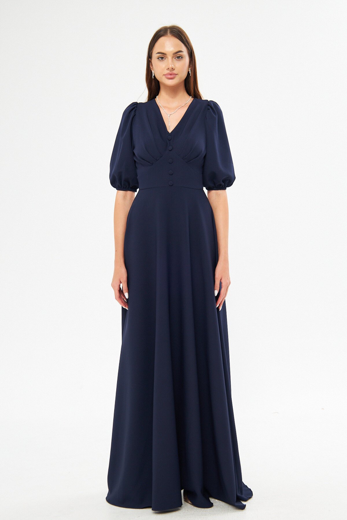 Long V-Neck Balloon Sleeve Corset Belt Evening Dress - Navy Blue - Bidoluelbise