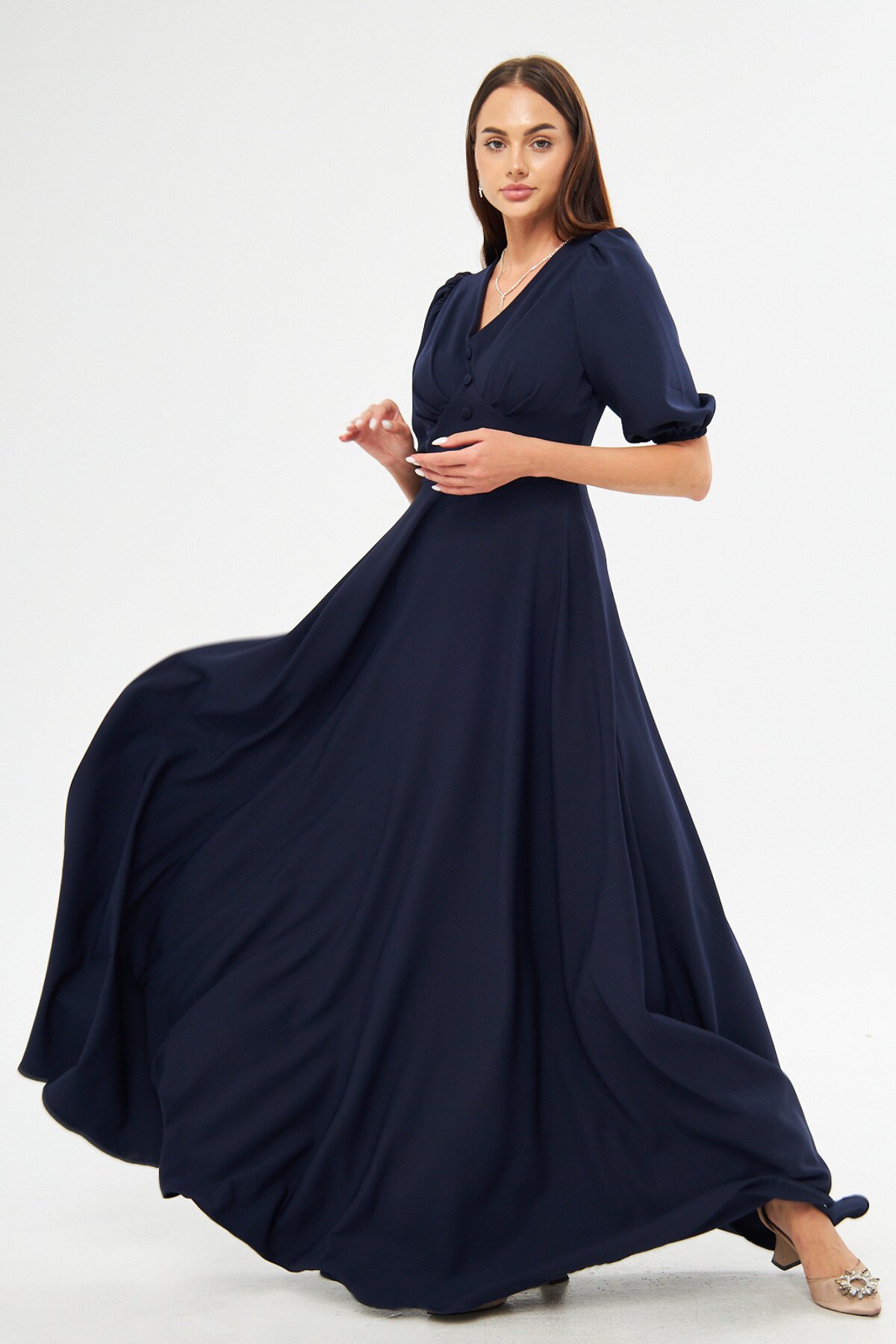 Long V-Neck Balloon Sleeve Corset Belt Evening Dress - Navy Blue - Bidoluelbise