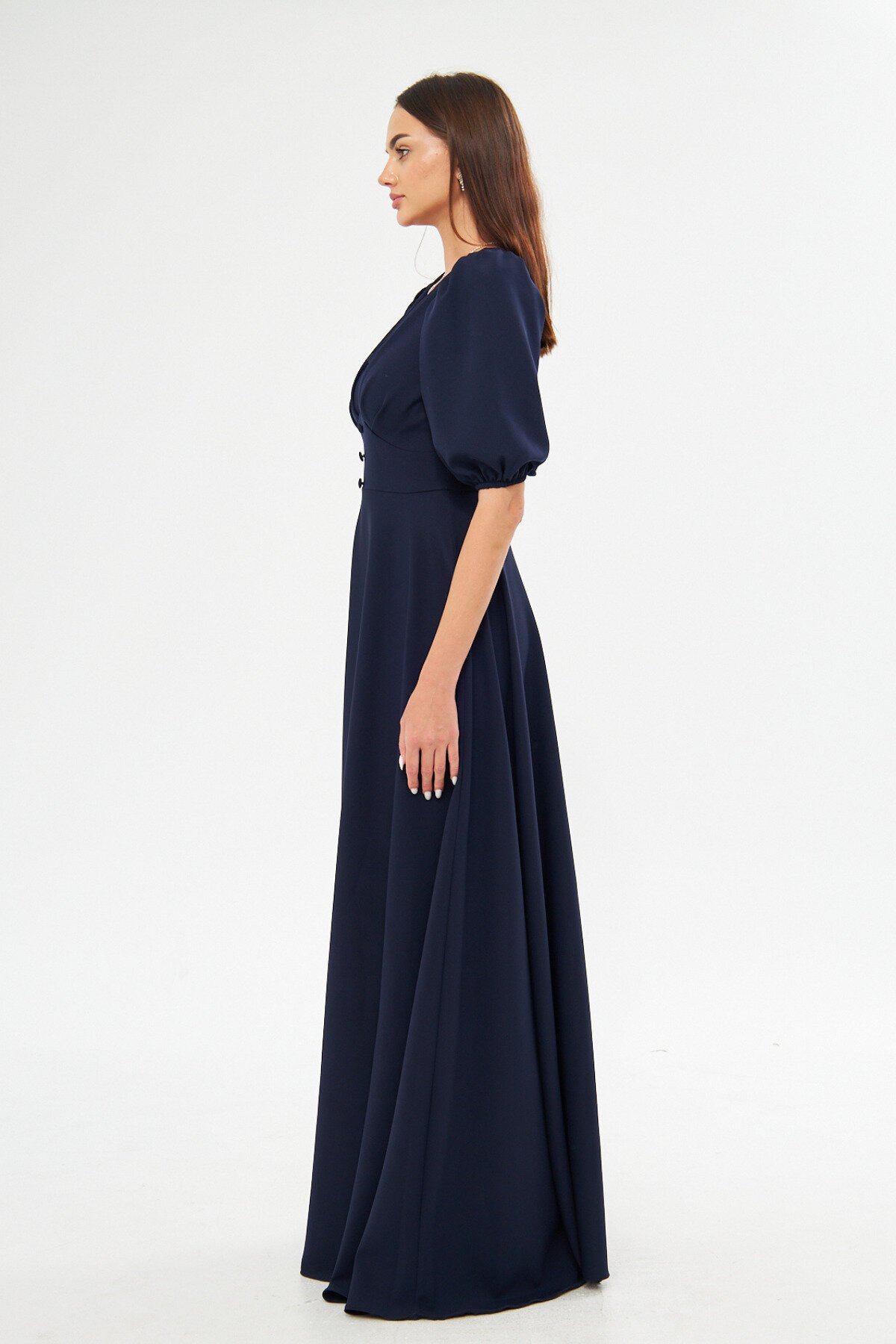 Long V-Neck Balloon Sleeve Corset Belt Evening Dress - Navy Blue - Bidoluelbise