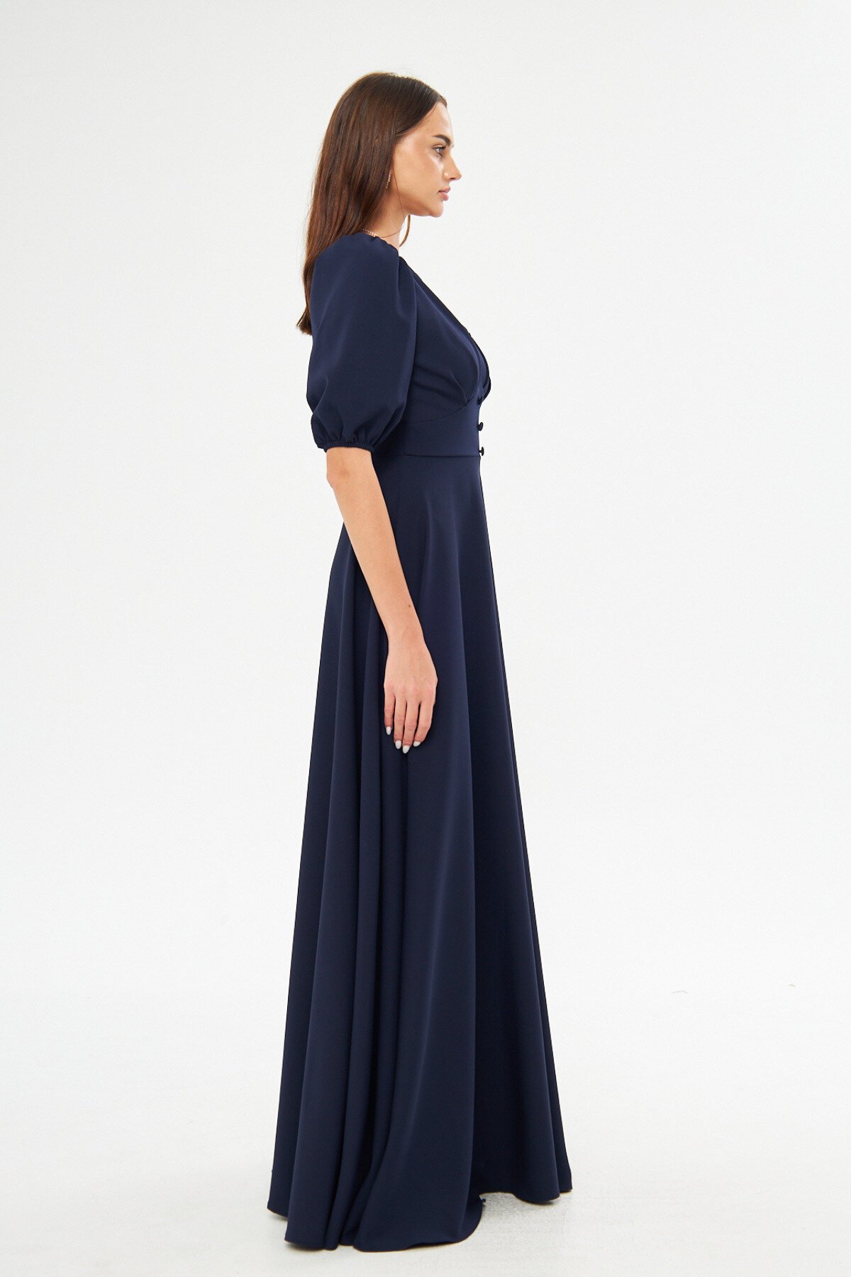 Long V-Neck Balloon Sleeve Corset Belt Evening Dress - Navy Blue - Bidoluelbise