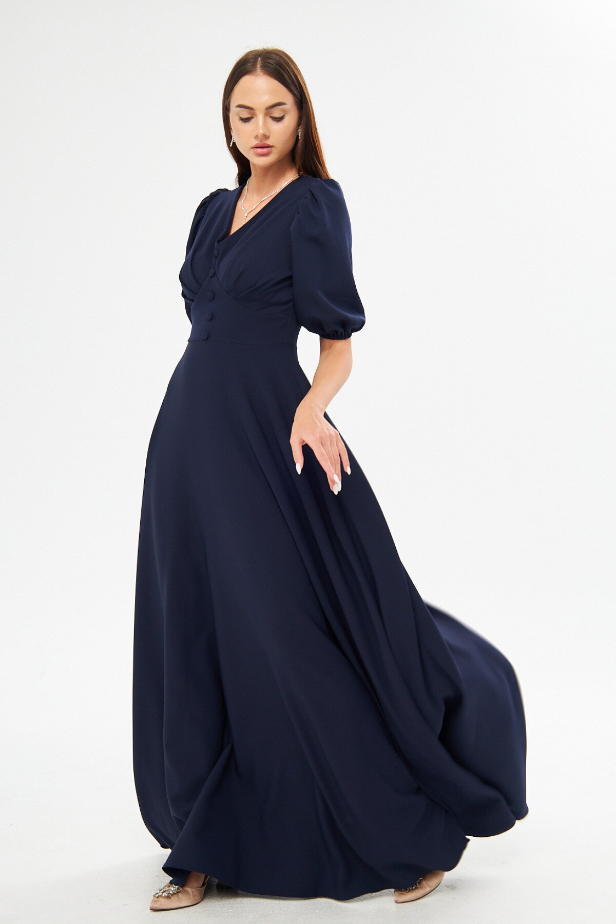 Long V-Neck Balloon Sleeve Corset Belt Evening Dress - Navy Blue - Bidoluelbise