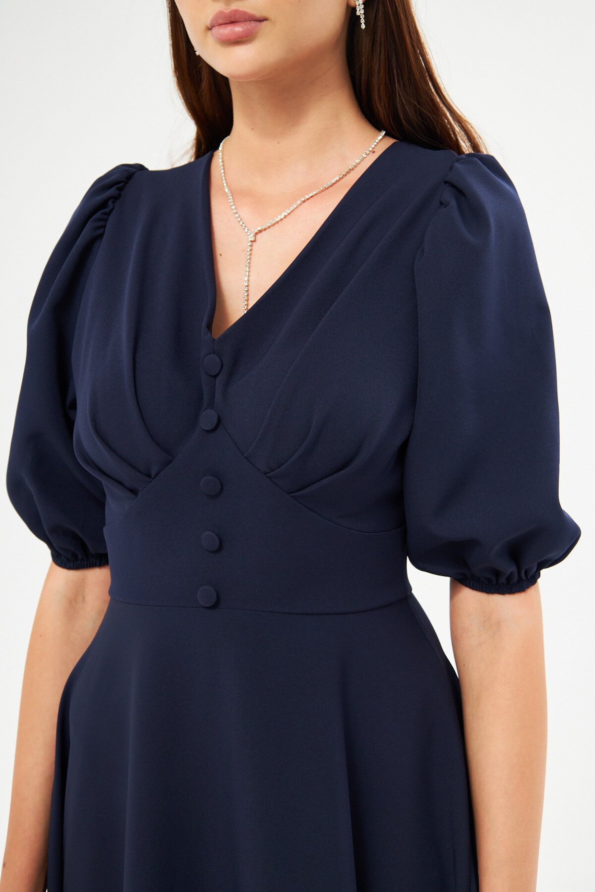 Long V-Neck Balloon Sleeve Corset Belt Evening Dress - Navy Blue - Bidoluelbise