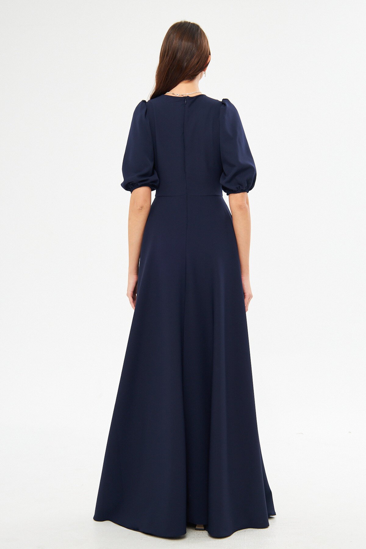 Long V-Neck Balloon Sleeve Corset Belt Evening Dress - Navy Blue - Bidoluelbise
