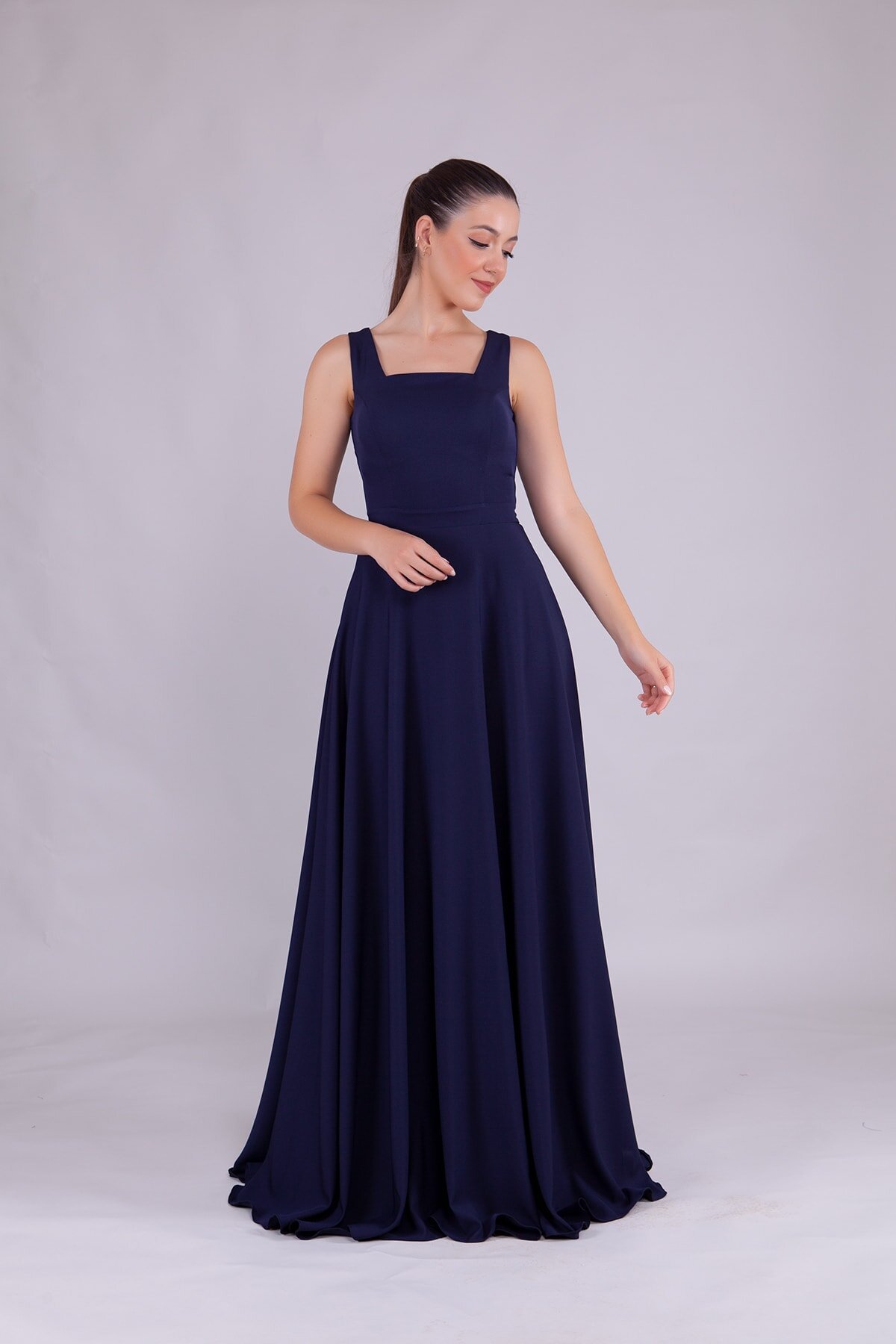 Lacivert Uzun Kare Yaka Abiye Elbise - Bidoluelbise