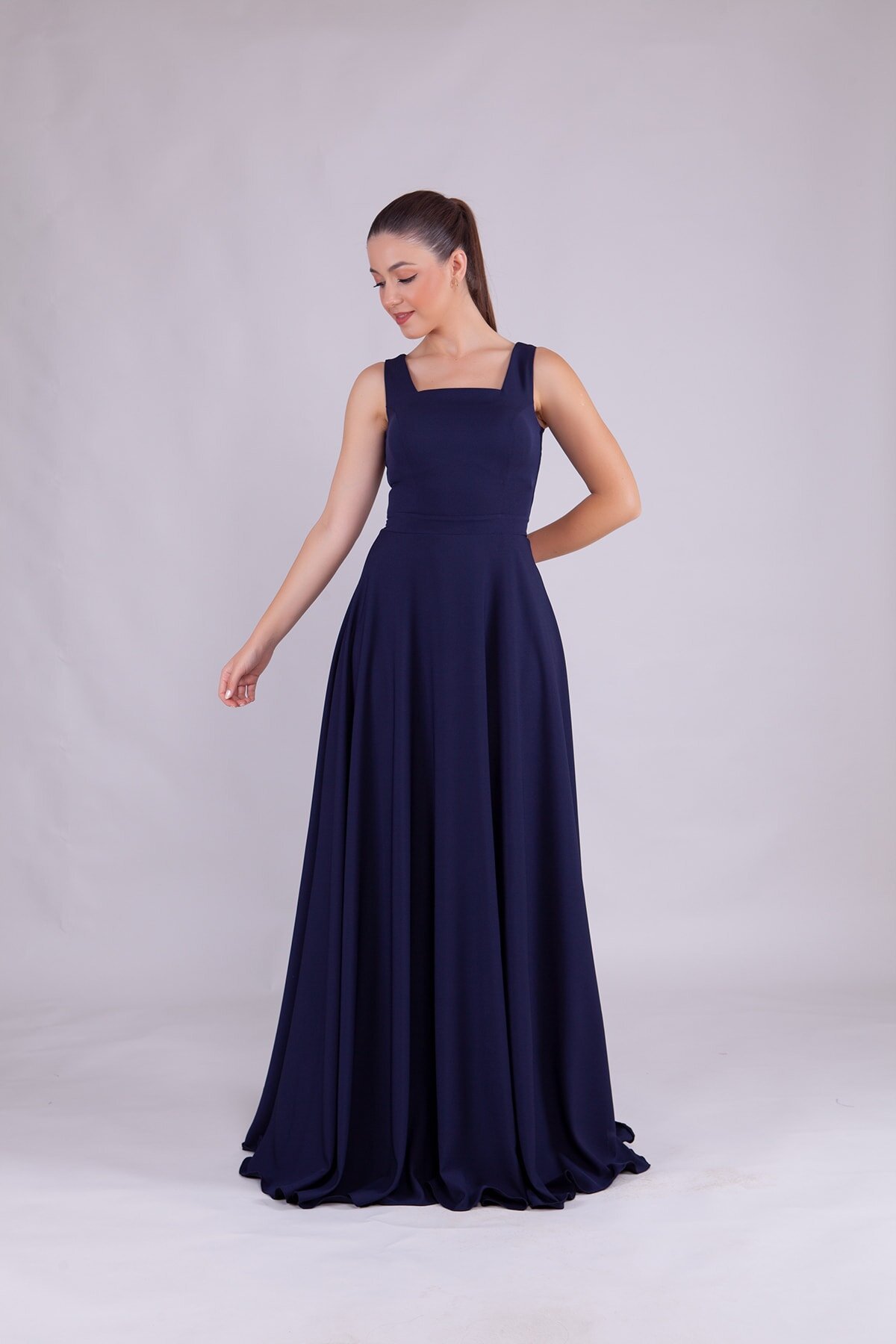Long Square-Neck Evening Dress - Navy Blue - Bidoluelbise