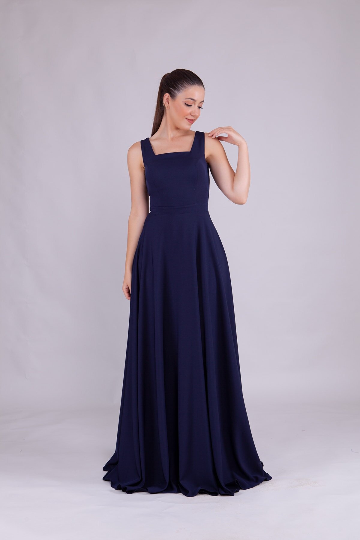 Long Square-Neck Evening Dress - Navy Blue - Bidoluelbise