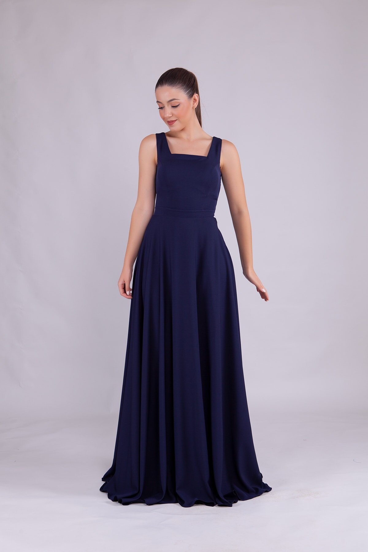 Long Square-Neck Evening Dress - Navy Blue - Bidoluelbise