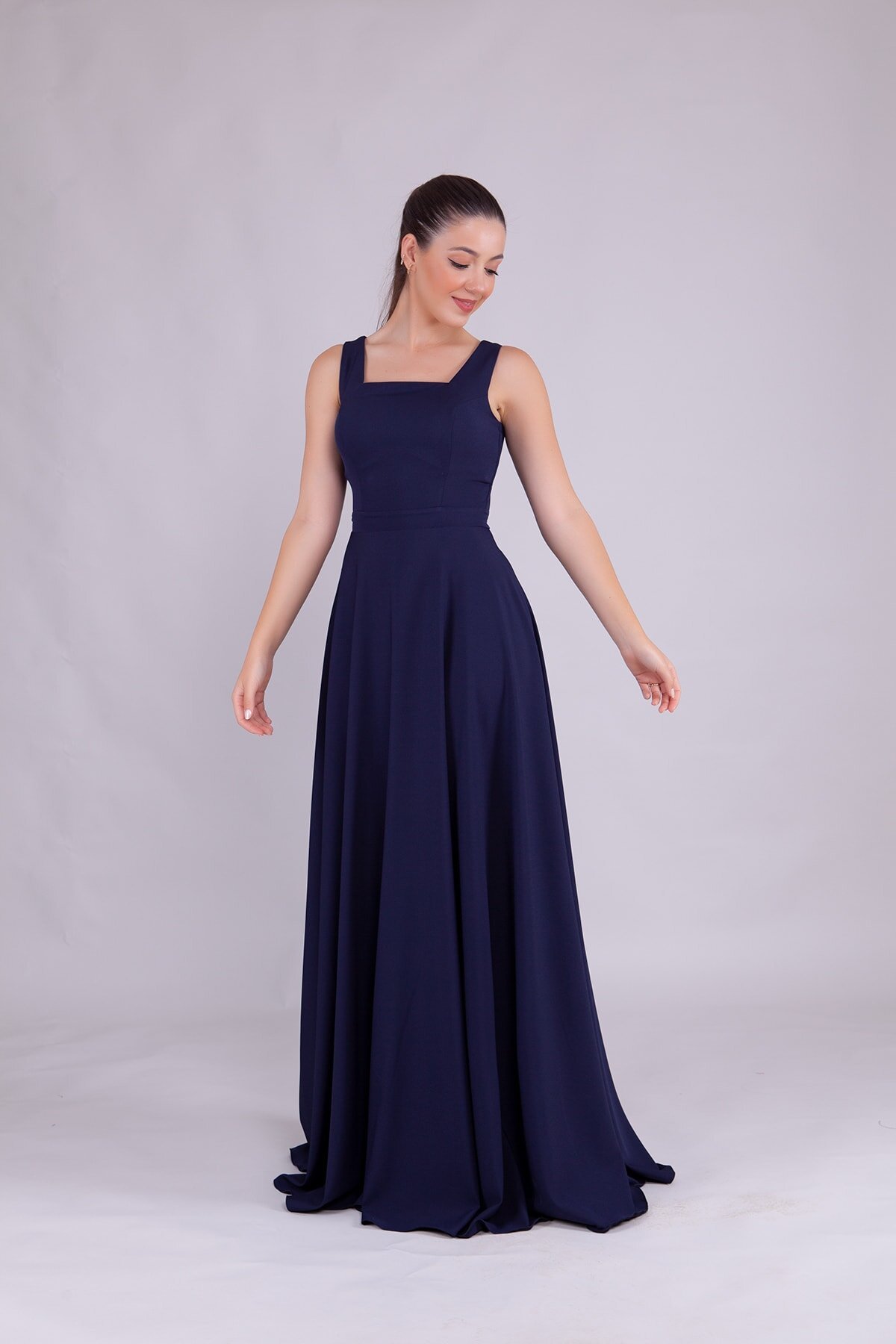 Long Square-Neck Evening Dress - Navy Blue - Bidoluelbise