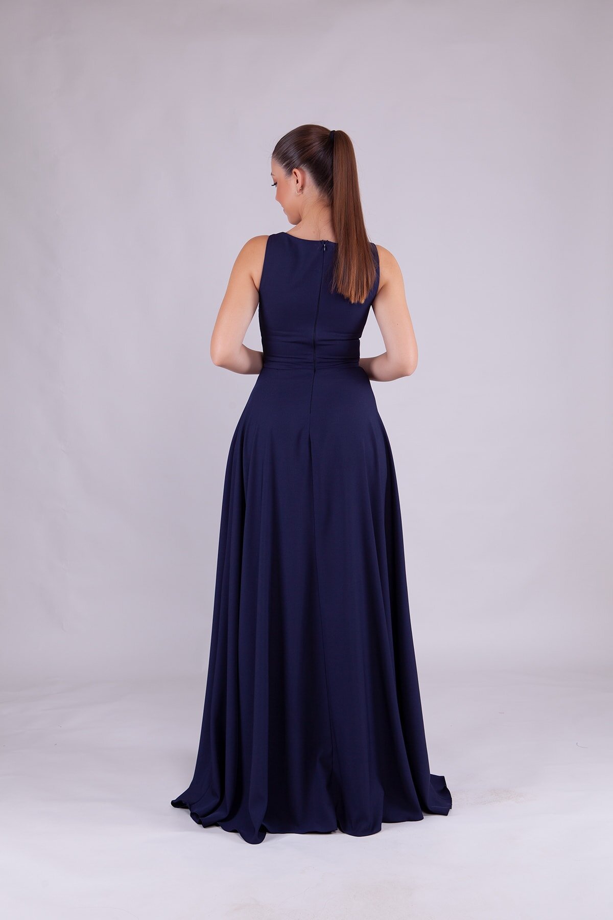 Long Square-Neck Evening Dress - Navy Blue - Bidoluelbise