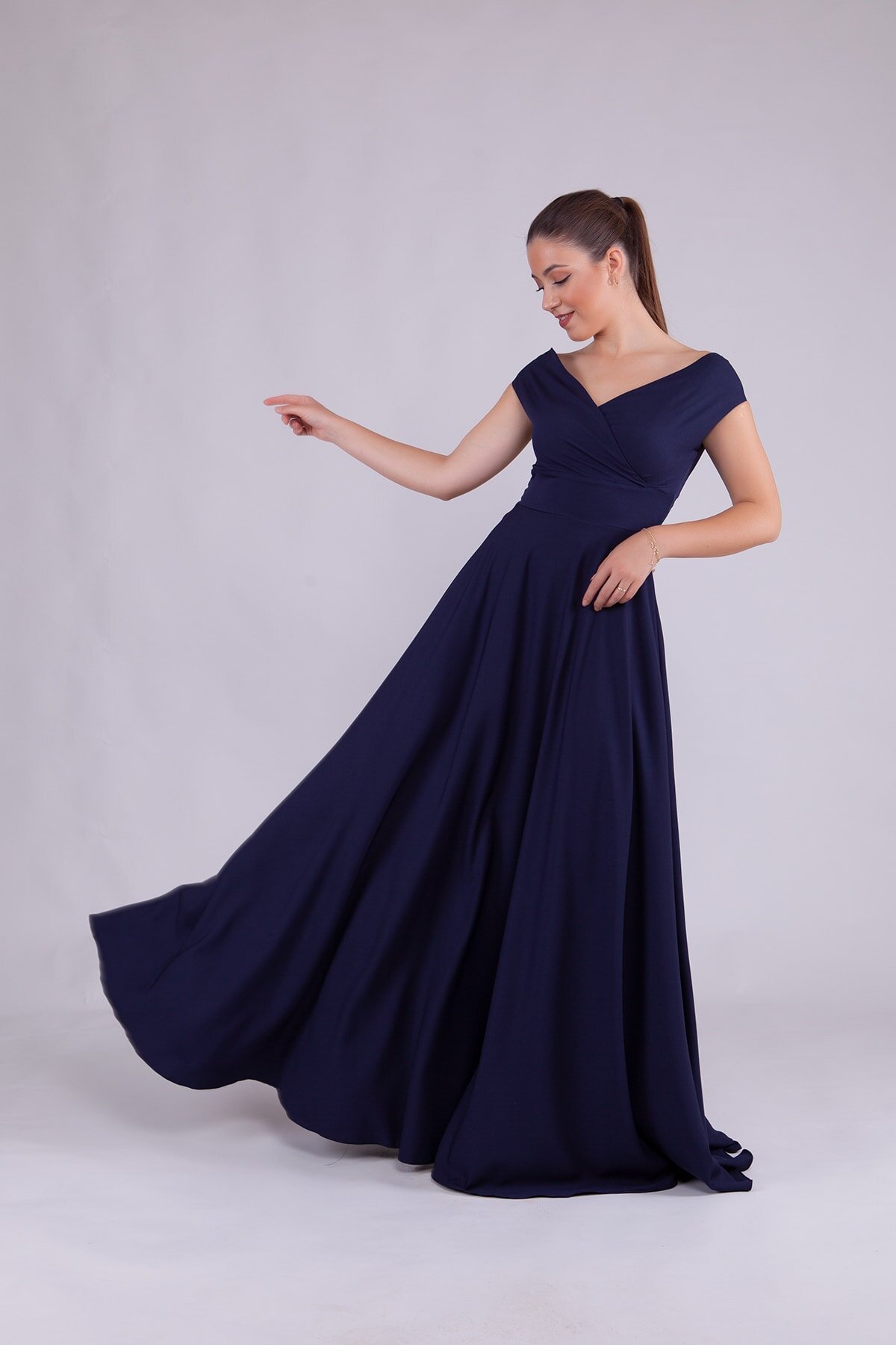 Long Boat-Neck Evening Dress - Navy Blue - Bidoluelbise