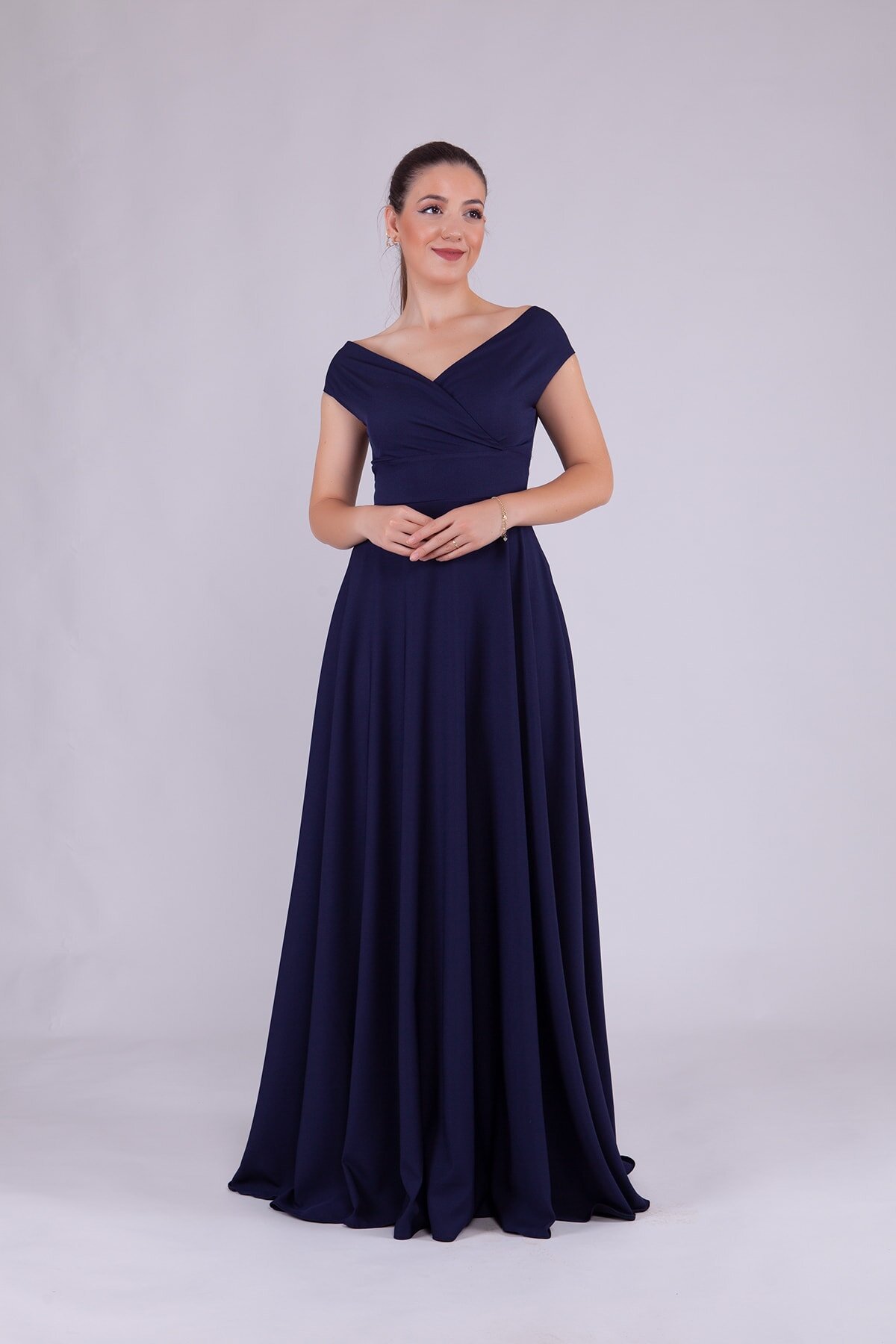 Long Boat-Neck Evening Dress - Navy Blue - Bidoluelbise