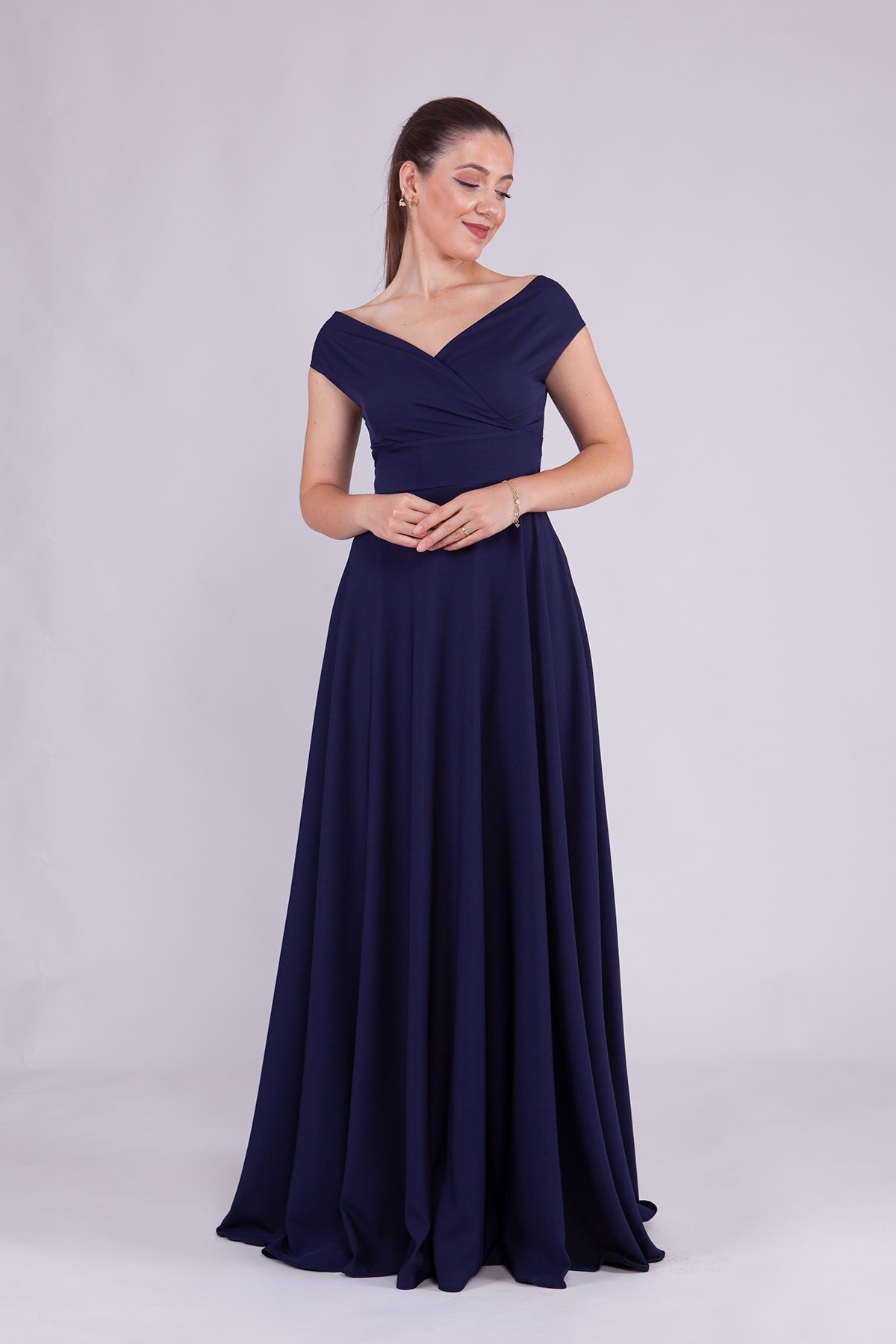 Long Boat-Neck Evening Dress - Navy Blue - Bidoluelbise