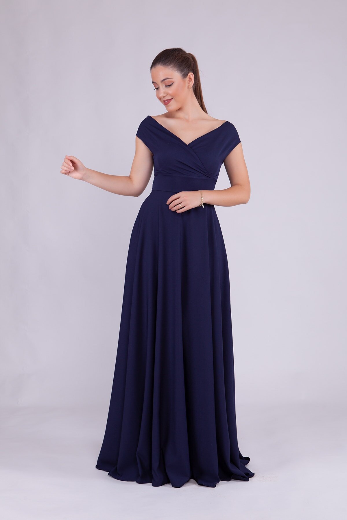 Long Boat-Neck Evening Dress - Navy Blue - Bidoluelbise