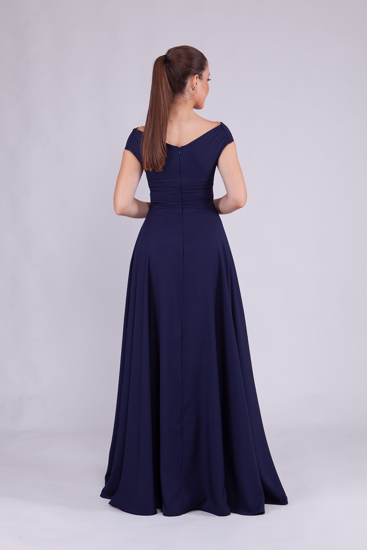 Long Boat-Neck Evening Dress - Navy Blue - Bidoluelbise