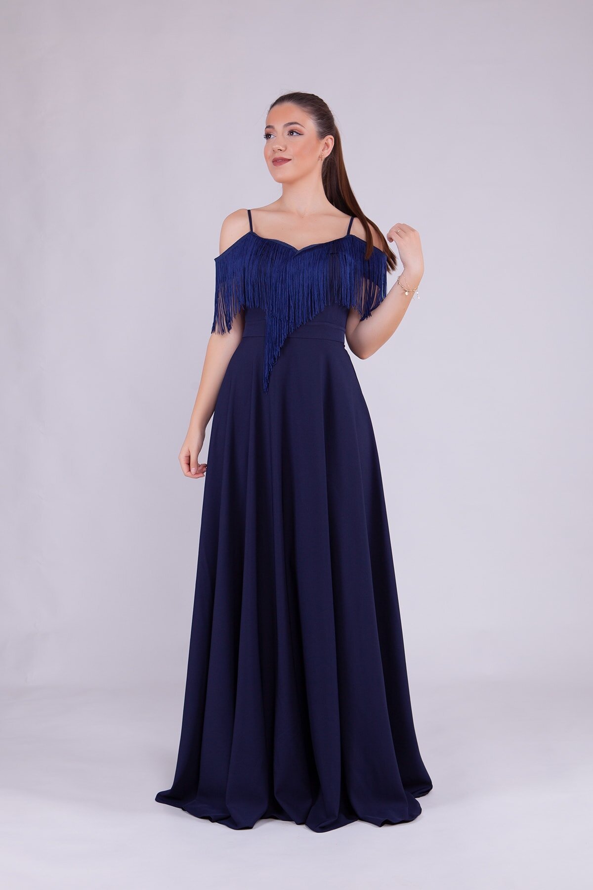 Long Boat Neck Tassel Detail Evening Dress - Navy Blue - Bidoluelbise