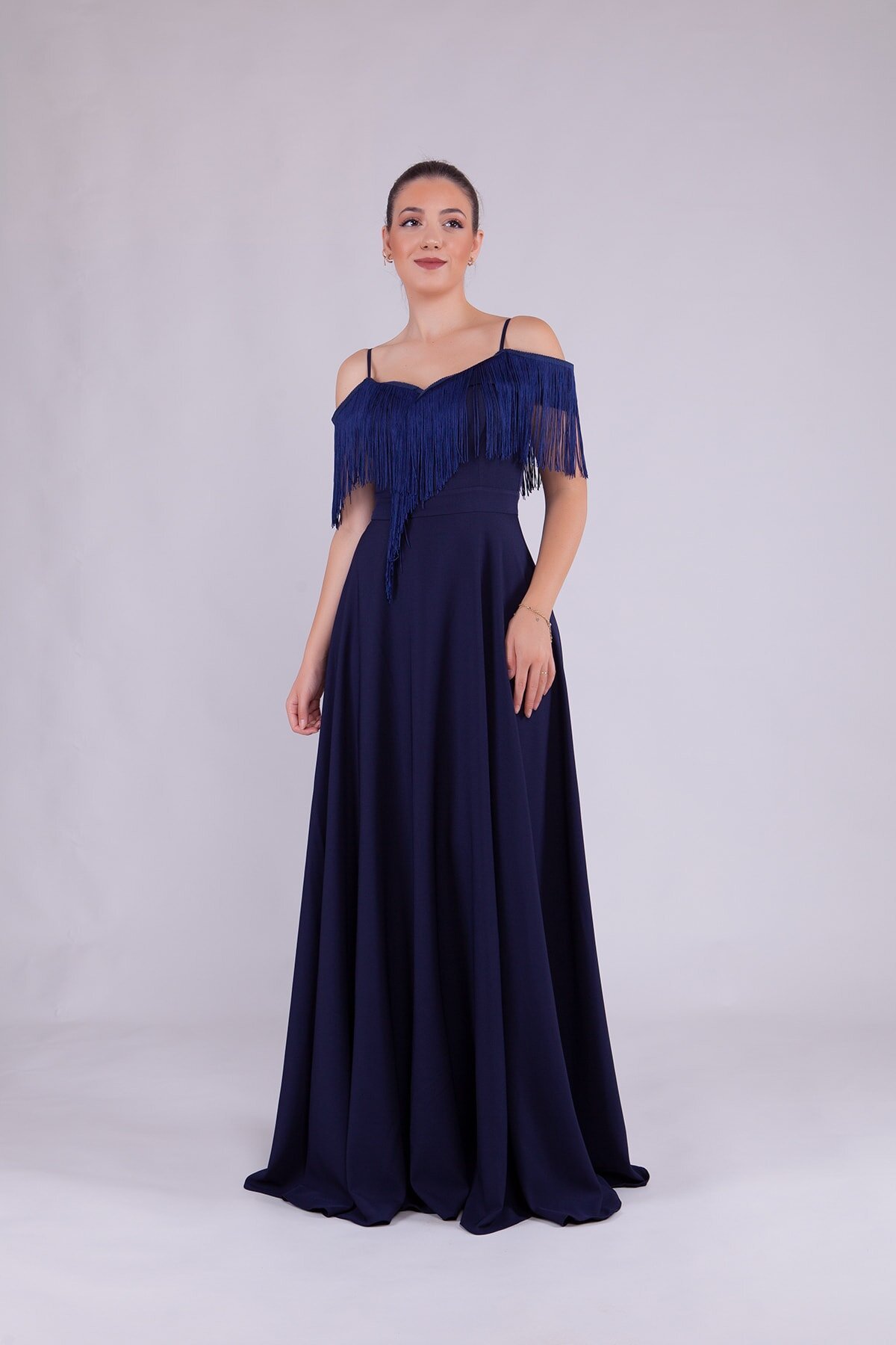 Long Boat Neck Tassel Detail Evening Dress - Navy Blue - Bidoluelbise