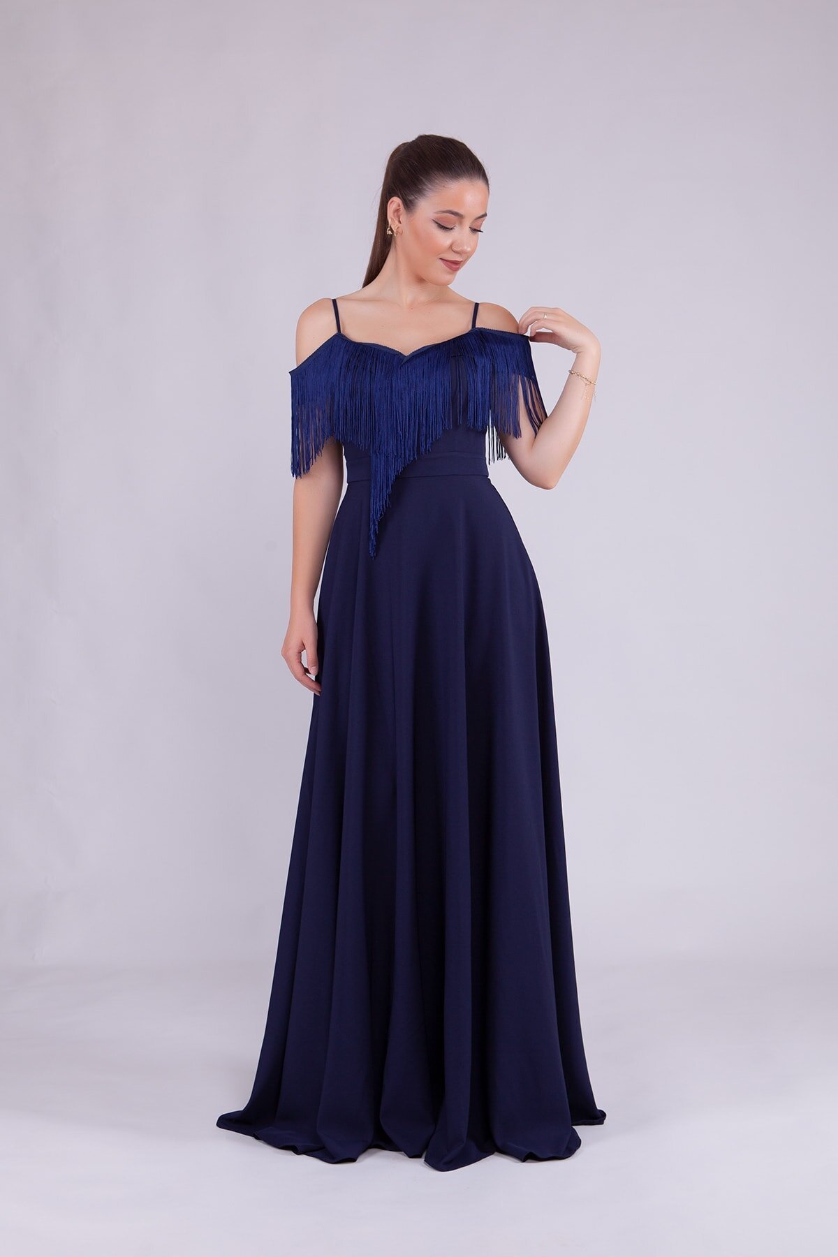 Long Boat Neck Tassel Detail Evening Dress - Navy Blue - Bidoluelbise