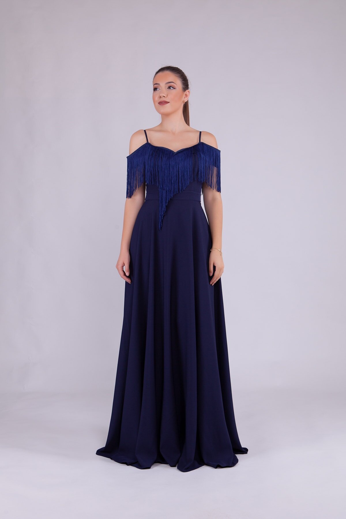 Long Boat Neck Tassel Detail Evening Dress - Navy Blue - Bidoluelbise