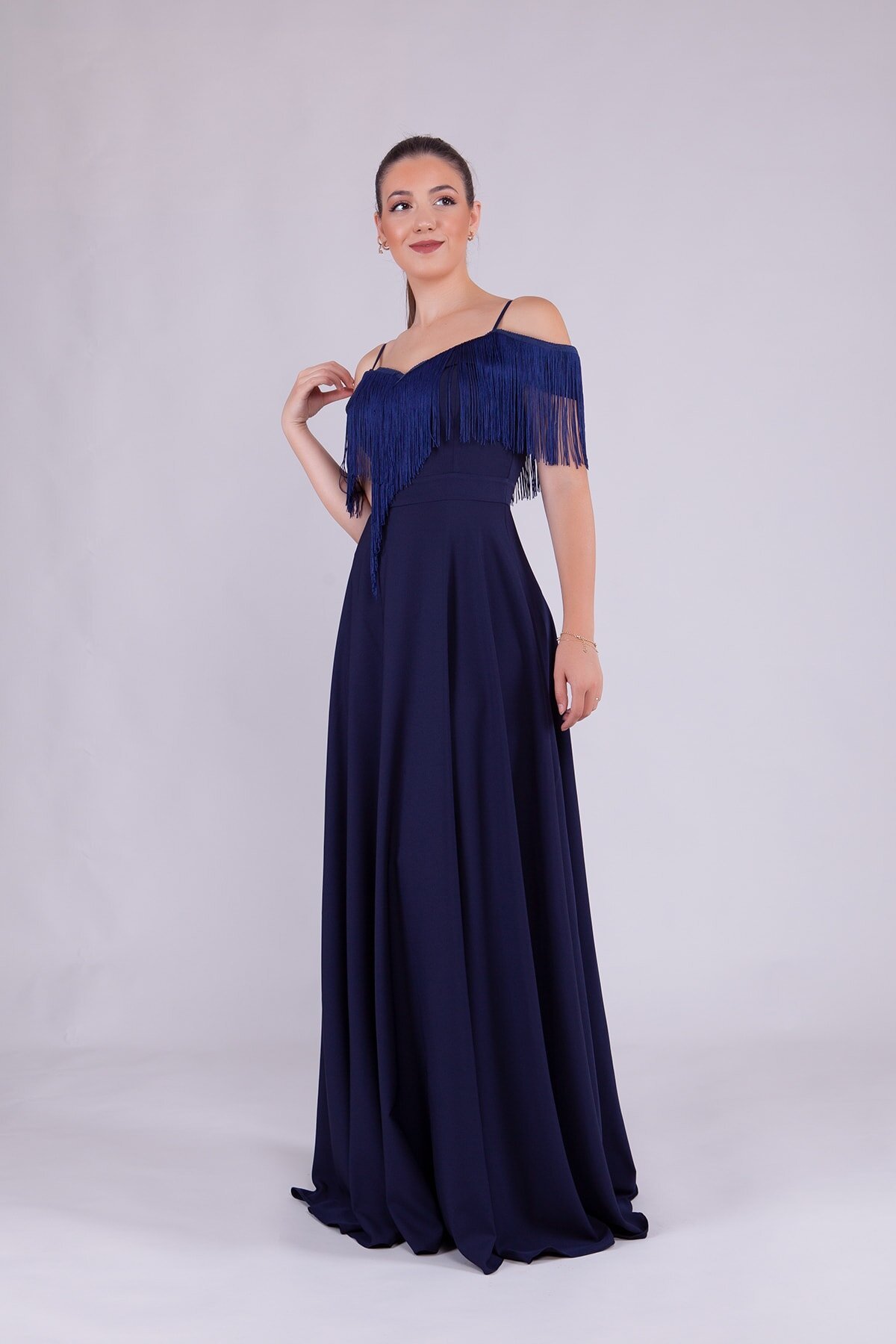 Long Boat Neck Tassel Detail Evening Dress - Navy Blue - Bidoluelbise