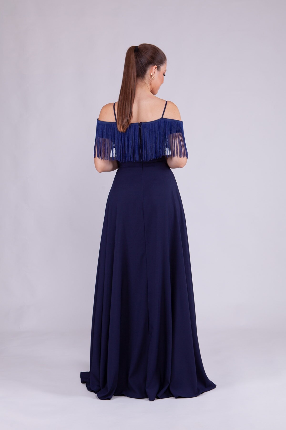 Long Boat Neck Tassel Detail Evening Dress - Navy Blue - Bidoluelbise
