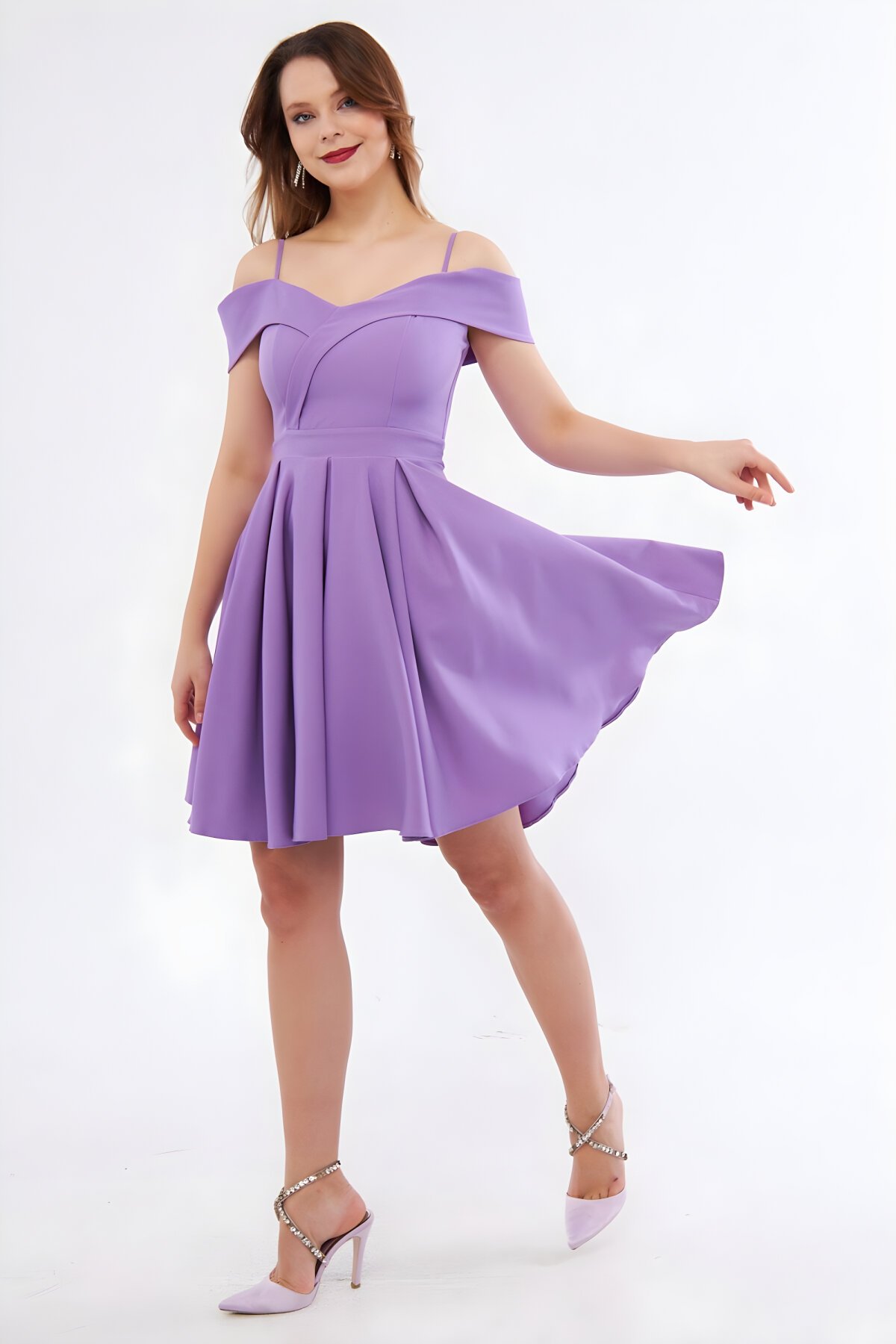 Mini Flared Pleated Strappy Boat-Neck Detail Evening Dress - Lilac - Bidoluelbise