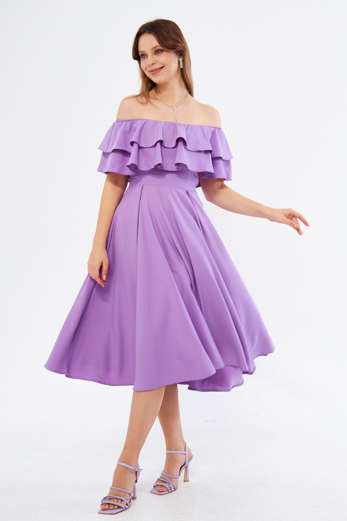 Drapey Drop Shoulder Midi Ruffle-Collar Dress - Lilac - Bidoluelbise