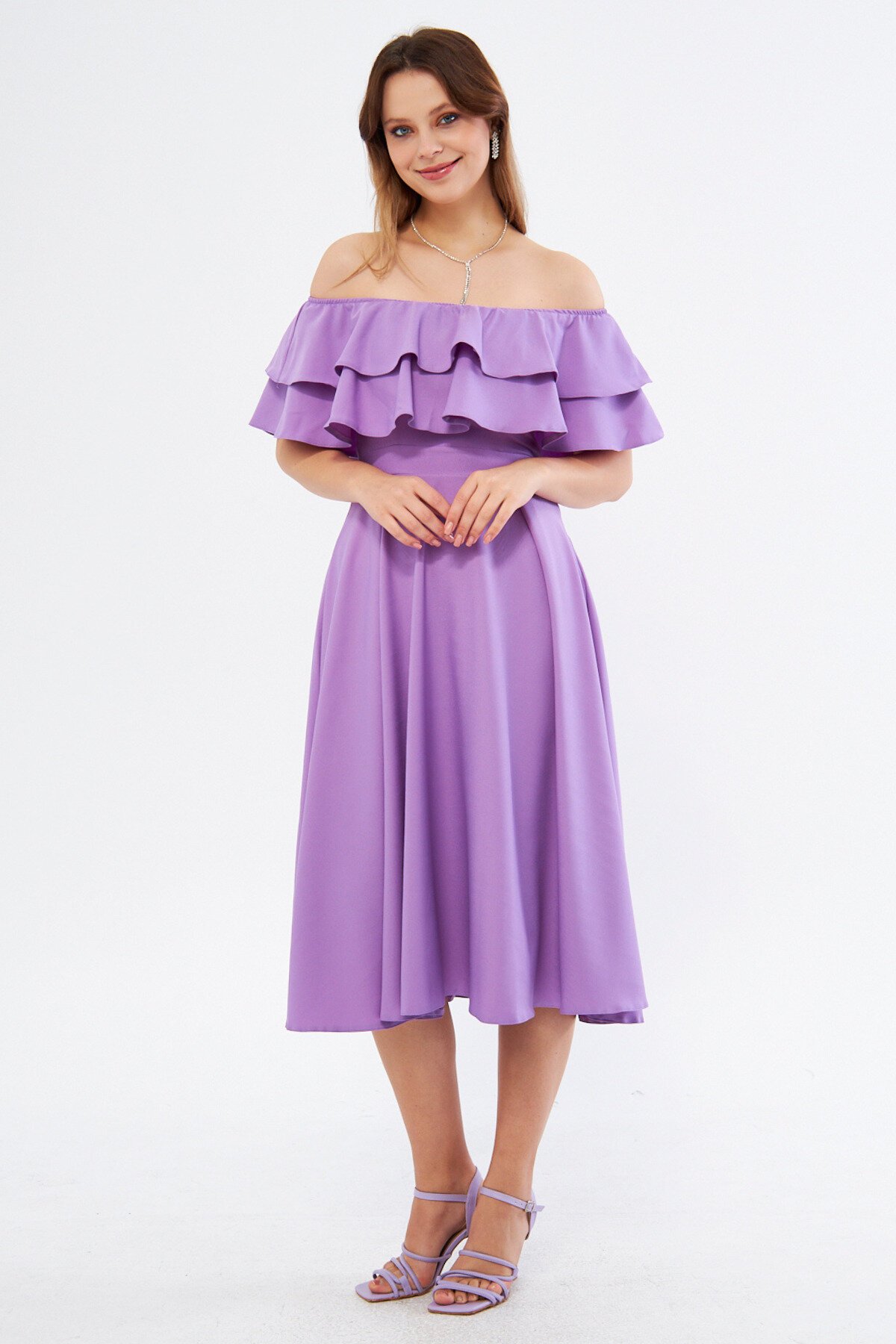 Drapey Drop Shoulder Midi Ruffle-Collar Dress - Lilac - Bidoluelbise