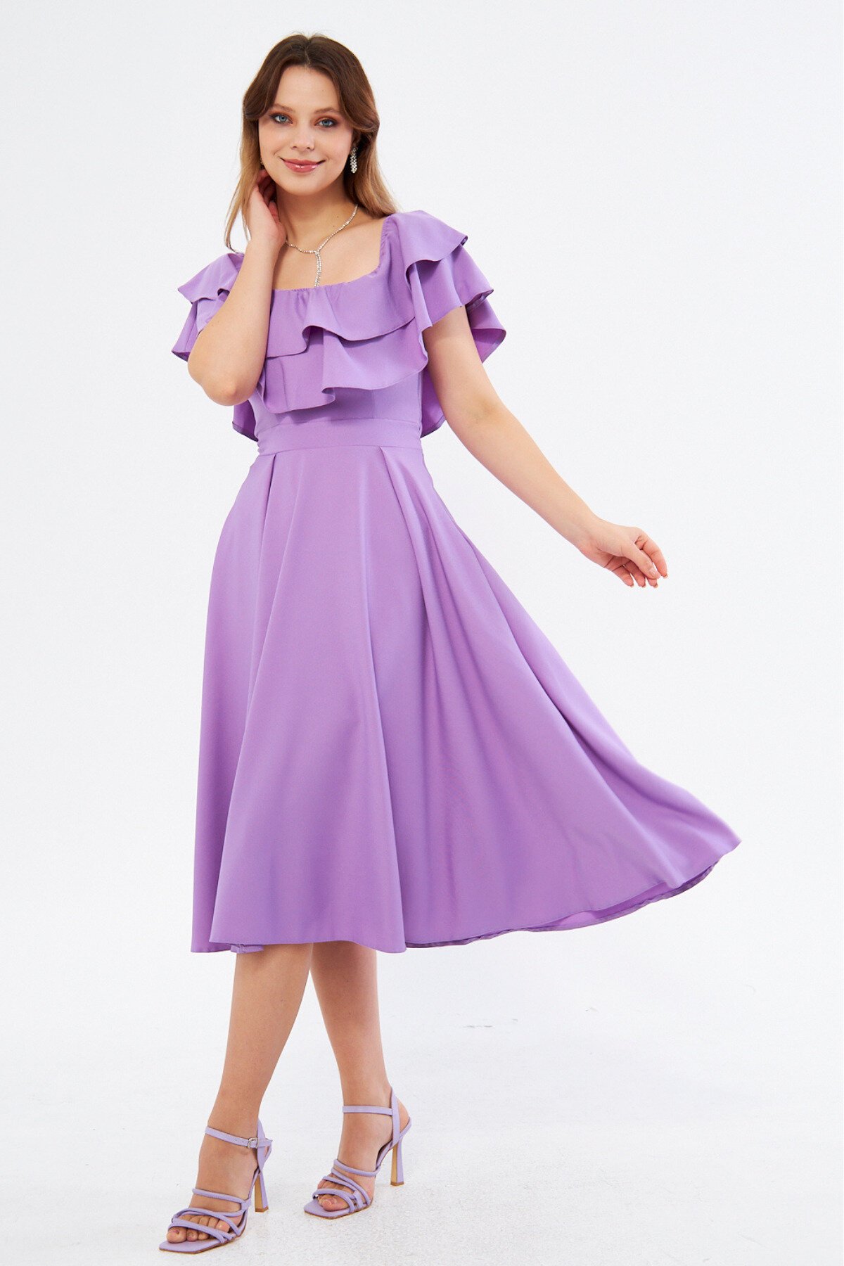 Drapey Drop Shoulder Midi Ruffle-Collar Dress - Lilac - Bidoluelbise