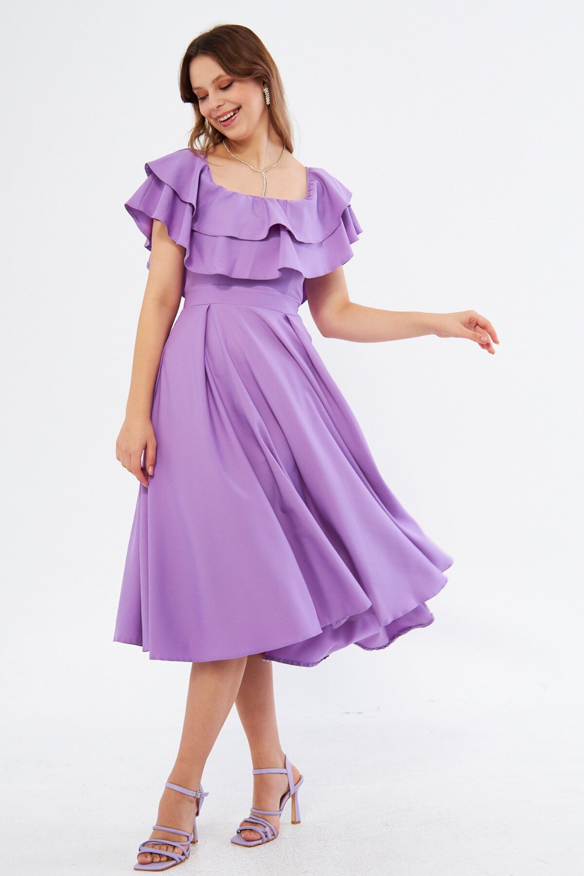 Drapey Drop Shoulder Midi Ruffle-Collar Dress - Lilac - Bidoluelbise