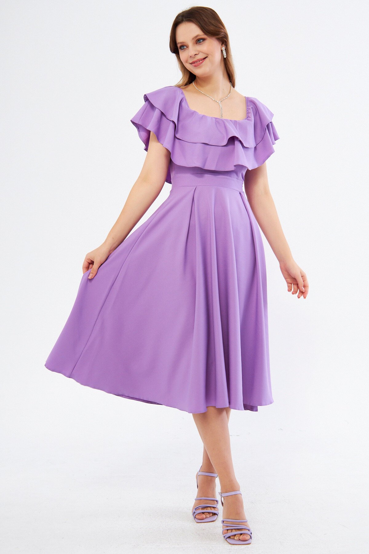 Drapey Drop Shoulder Midi Ruffle-Collar Dress - Lilac - Bidoluelbise