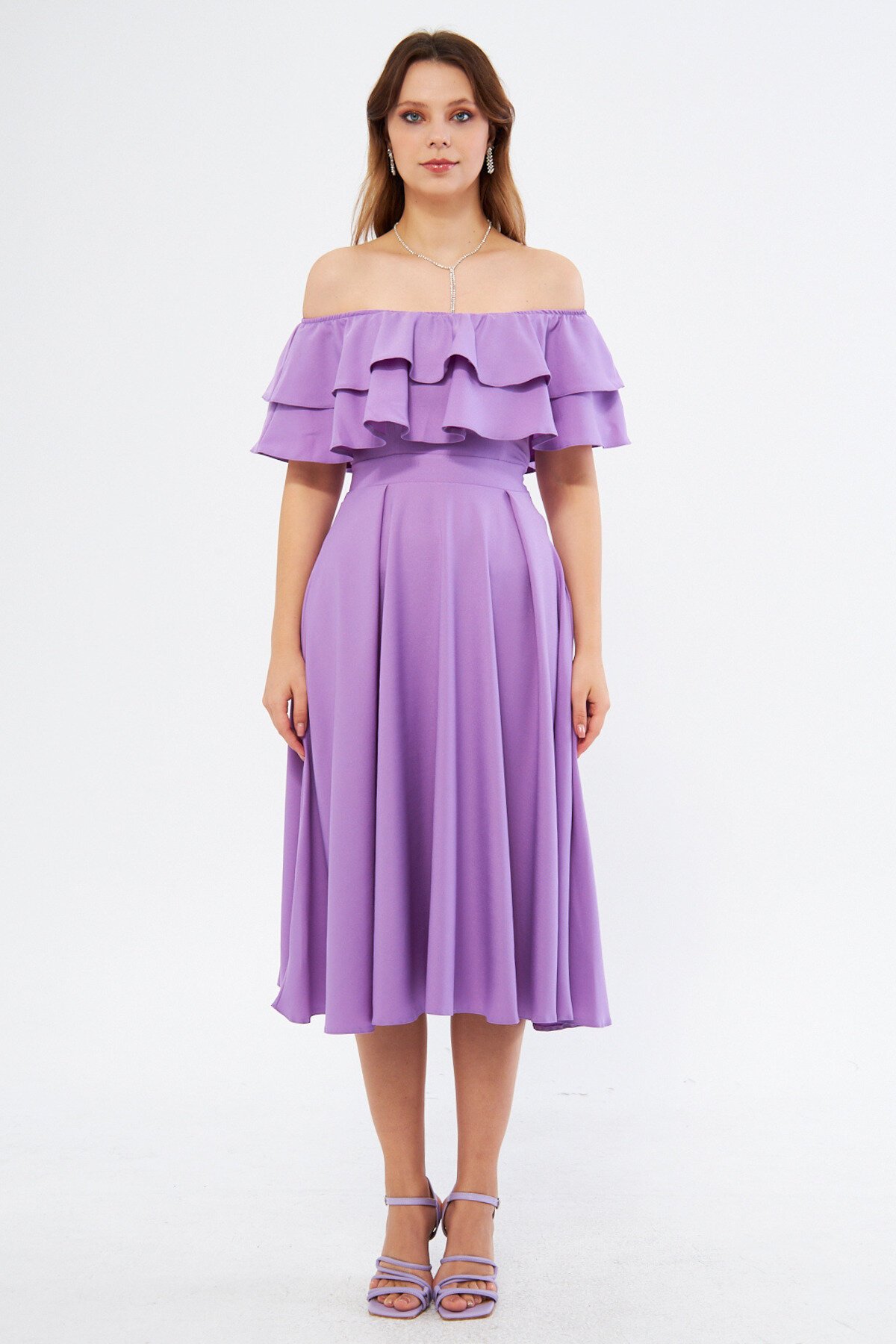 Drapey Drop Shoulder Midi Ruffle-Collar Dress - Lilac - Bidoluelbise
