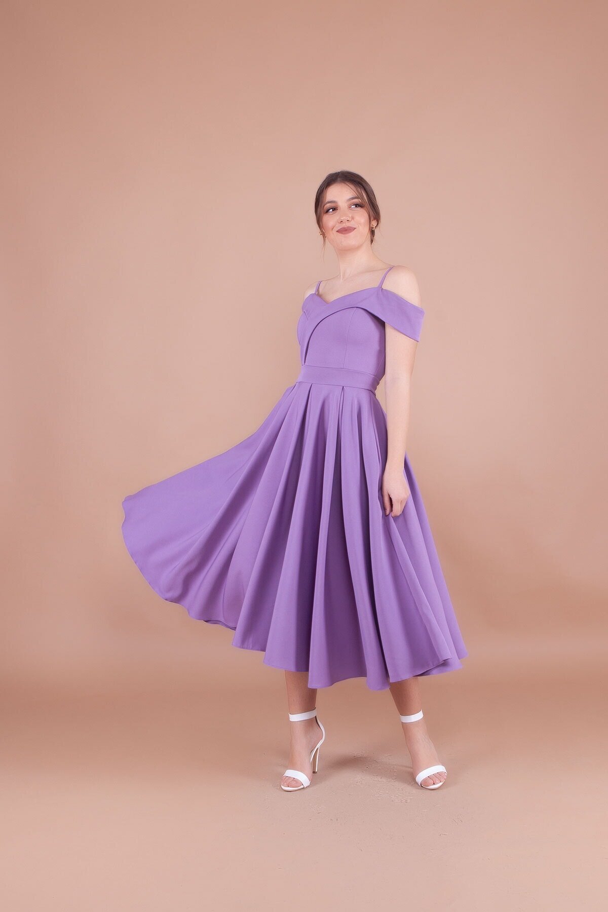 Leylak Midi Askılı Düşük Omuz Detay Pileli Abiye Elbise - Bidoluelbise