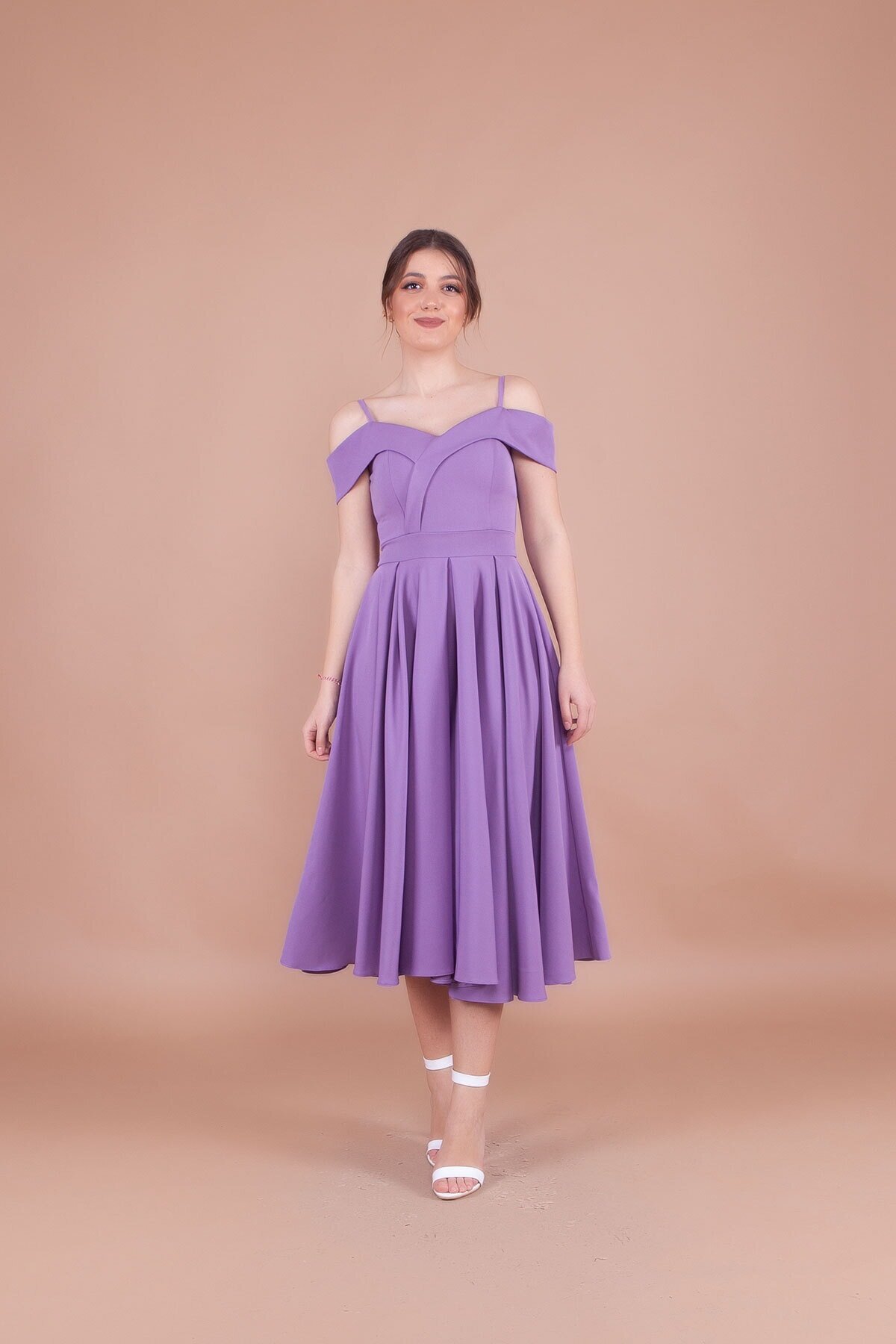 Midi Pleated Strappy Off-Shoulder Evening Dress - Lilac - Bidoluelbise
