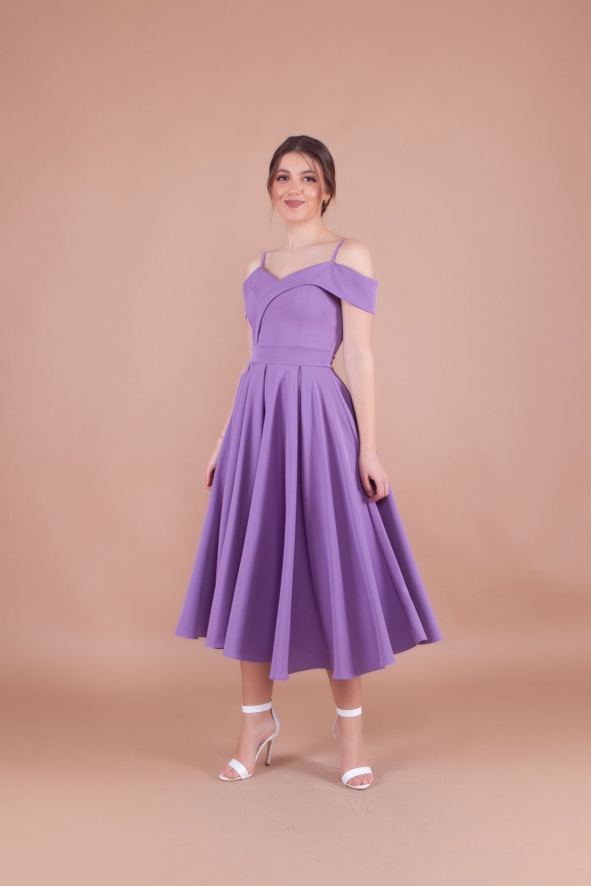 Midi Pleated Strappy Off-Shoulder Evening Dress - Lilac - Bidoluelbise