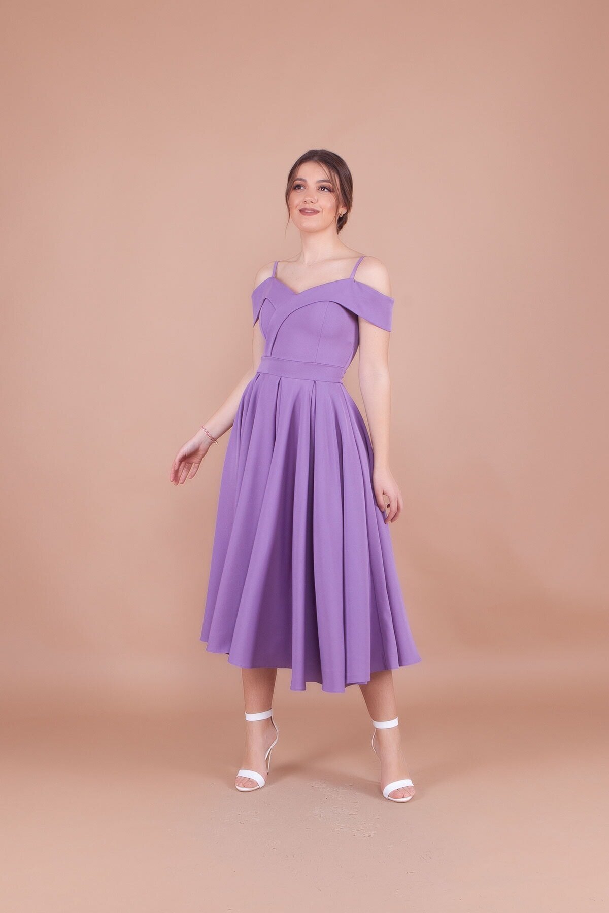 Midi Pleated Strappy Off-Shoulder Evening Dress - Lilac - Bidoluelbise