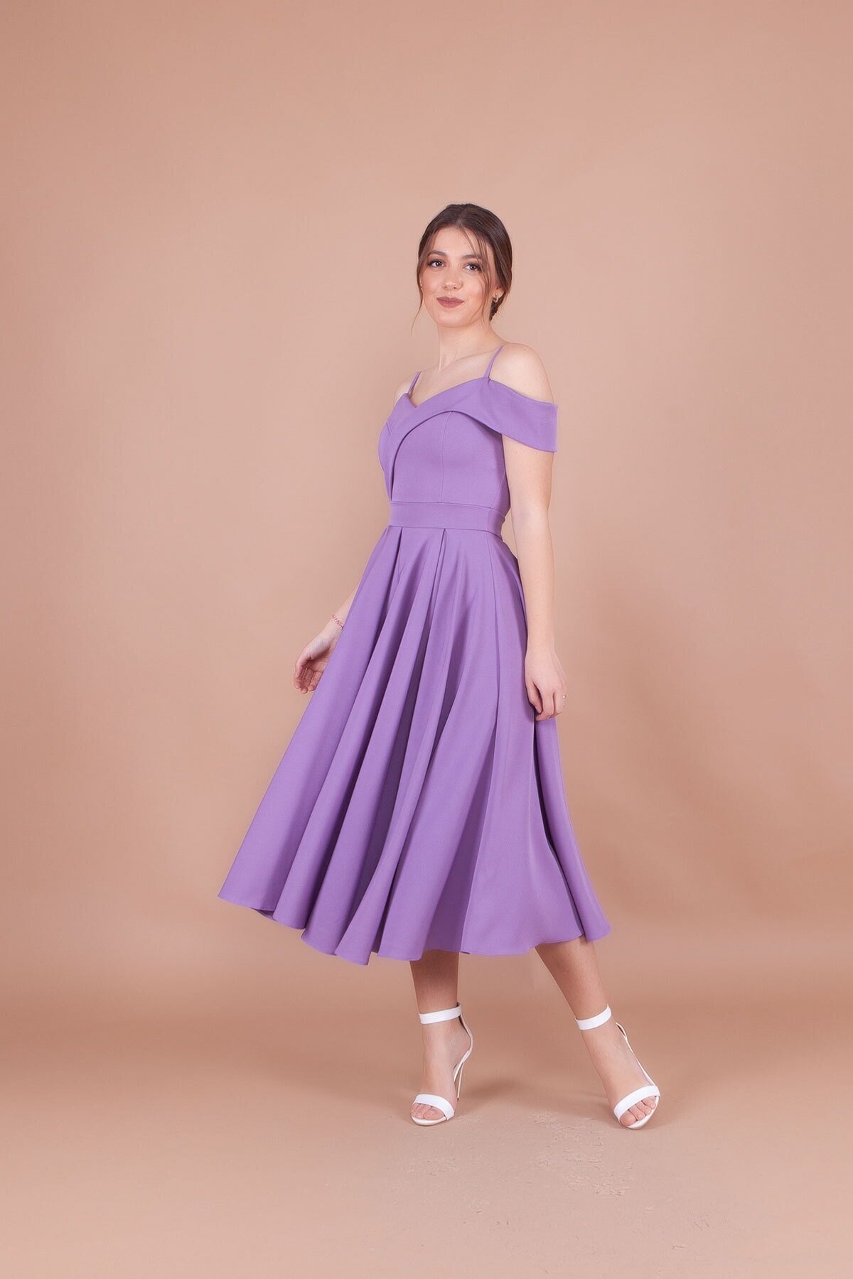 Midi Pleated Strappy Off-Shoulder Evening Dress - Lilac - Bidoluelbise