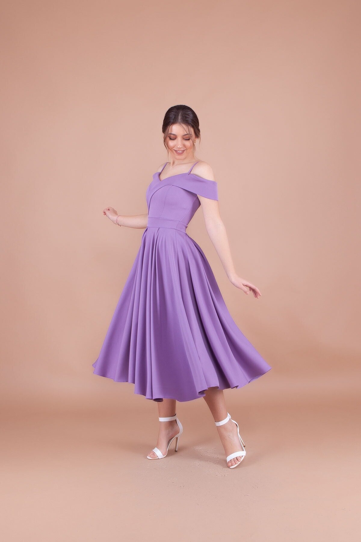 Midi Pleated Strappy Off-Shoulder Evening Dress - Lilac - Bidoluelbise