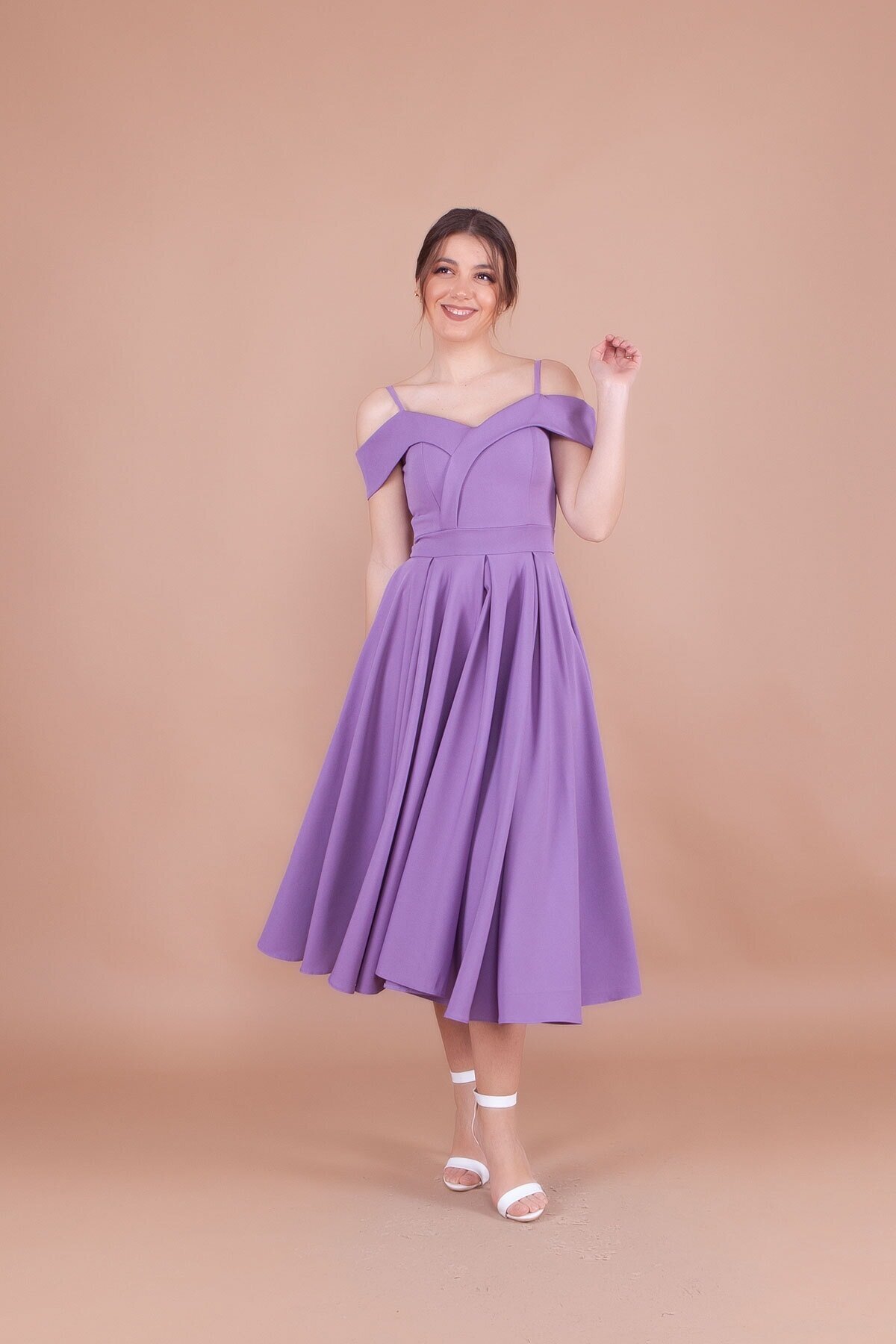 Midi Pleated Strappy Off-Shoulder Evening Dress - Lilac - Bidoluelbise