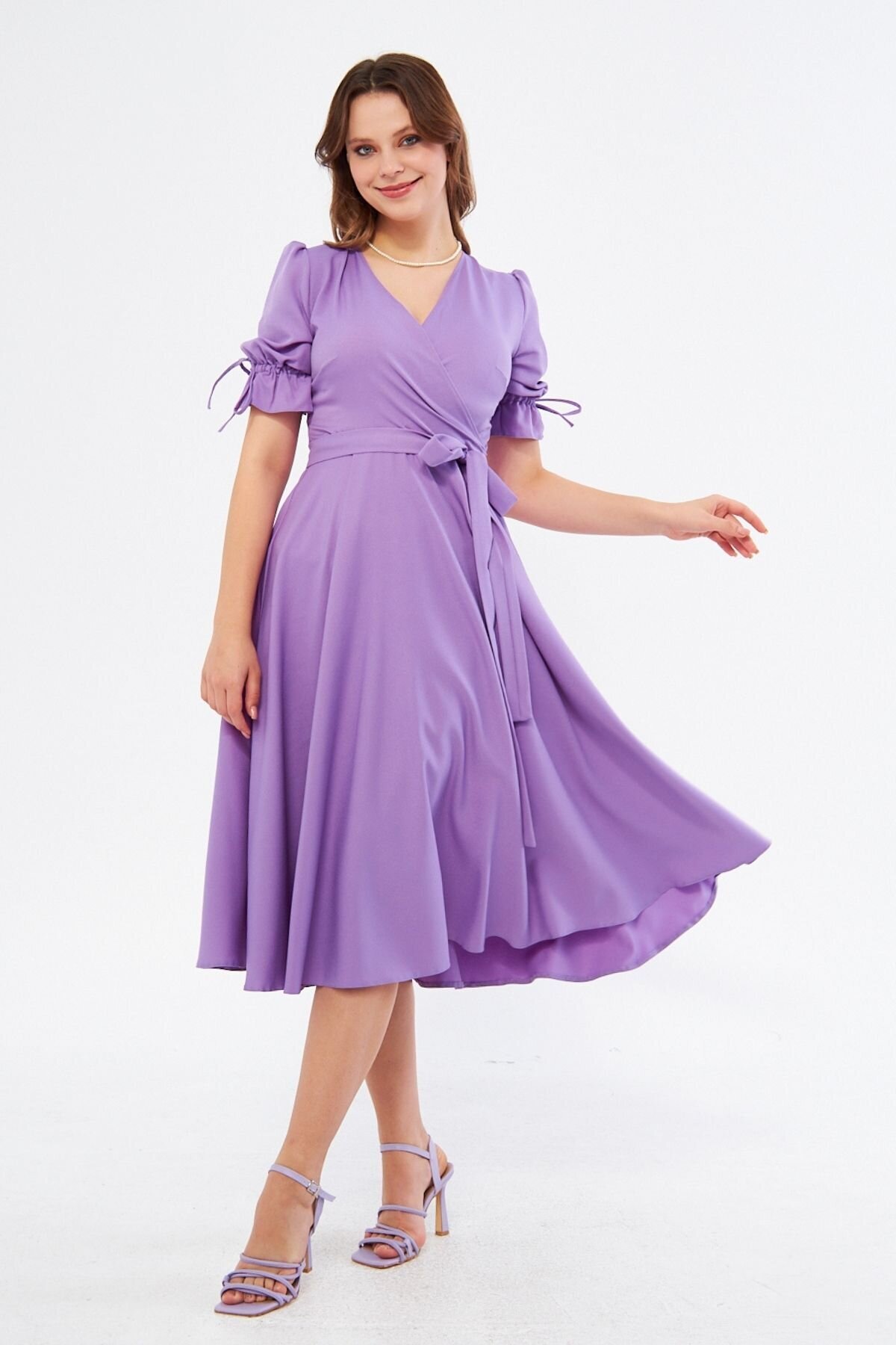 Midi Short Sleeve Ruched Belted Wrap Neck Evening Dress - Lilac - Bidoluelbise