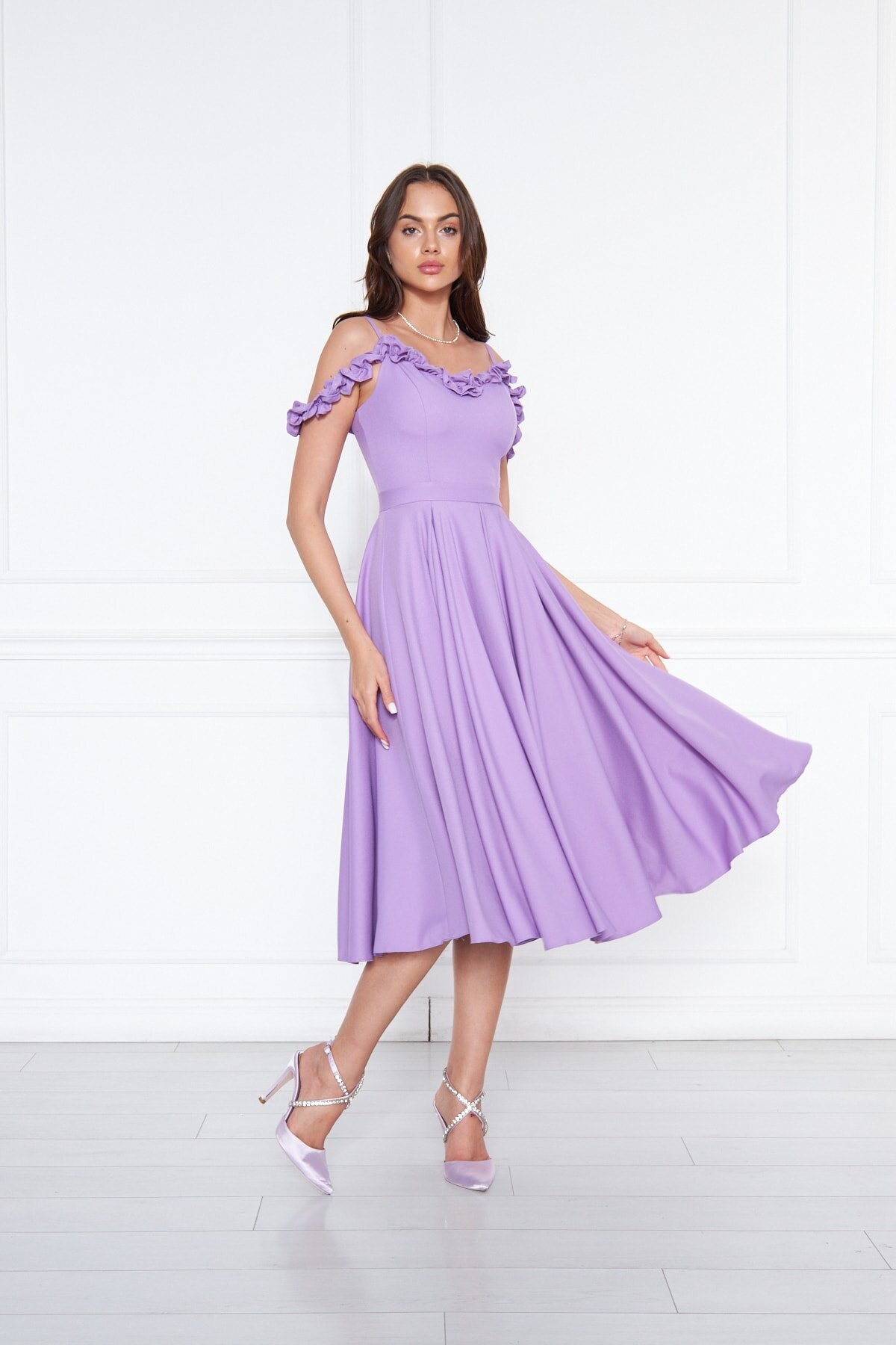 Midi Flared Pleated Adjustable Strap Ruffle Detail Evening Dress - Lilac - Bidoluelbise