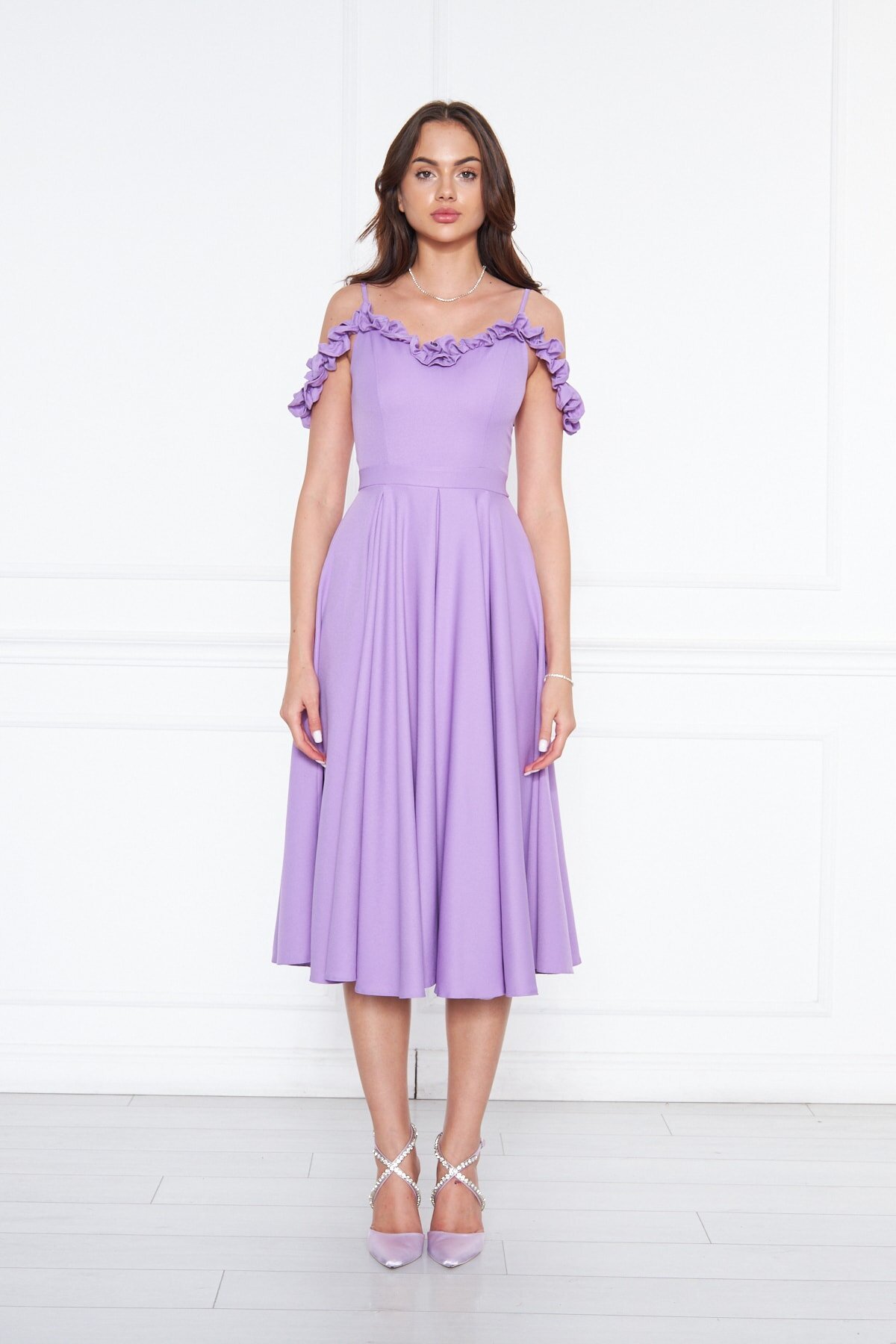 Midi Flared Pleated Adjustable Strap Ruffle Detail Evening Dress - Lilac - Bidoluelbise