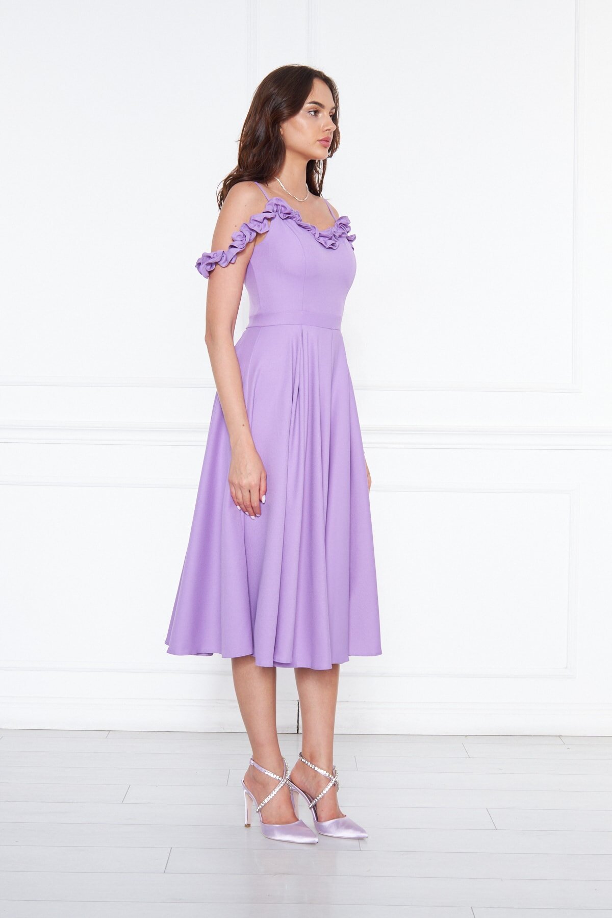 Midi Flared Pleated Adjustable Strap Ruffle Detail Evening Dress - Lilac - Bidoluelbise