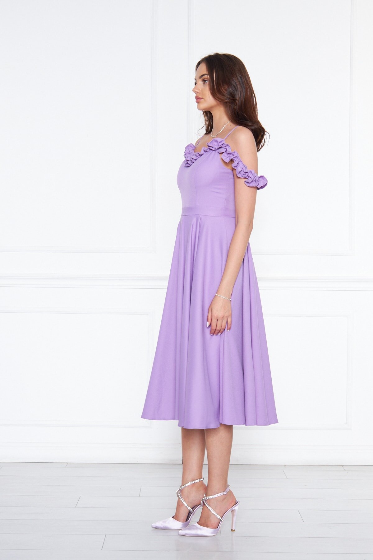 Midi Flared Pleated Adjustable Strap Ruffle Detail Evening Dress - Lilac - Bidoluelbise