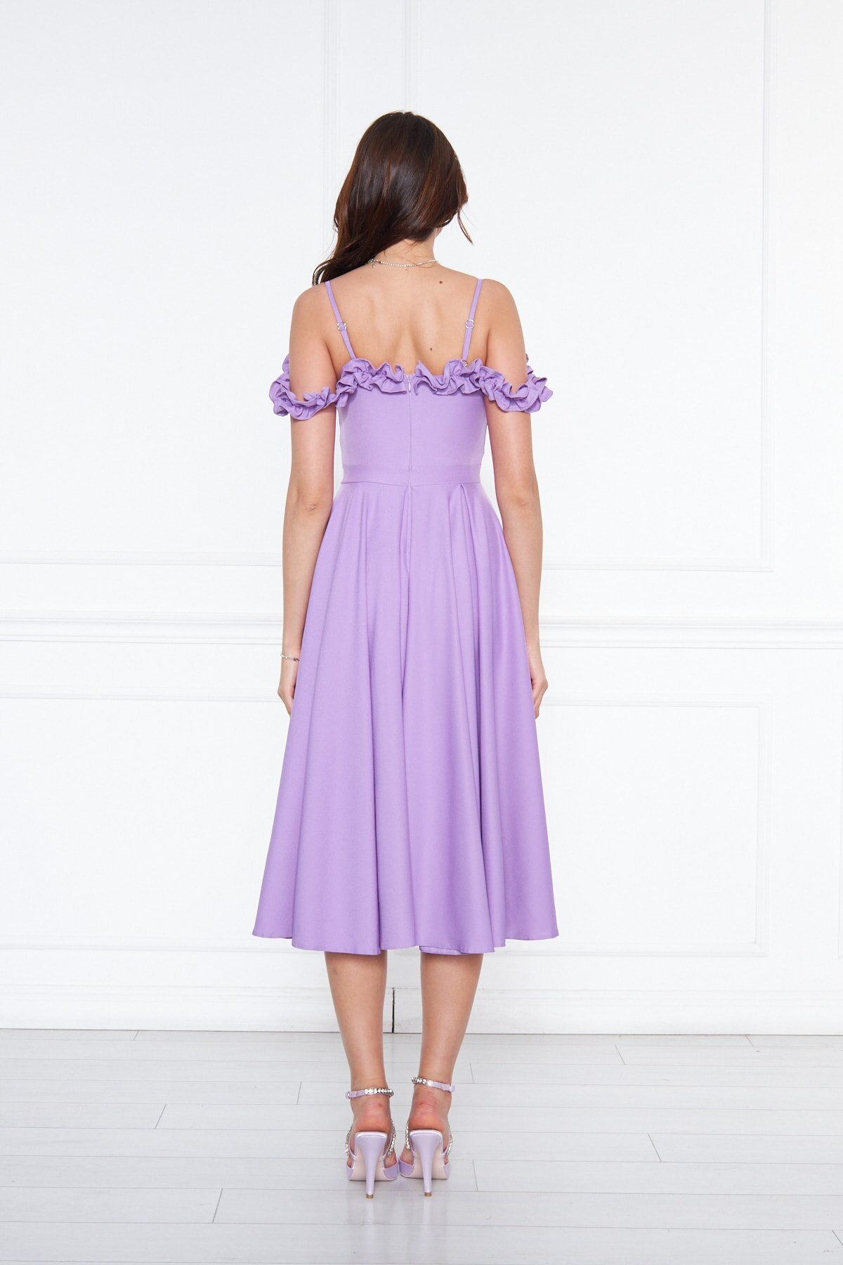 Midi Flared Pleated Adjustable Strap Ruffle Detail Evening Dress - Lilac - Bidoluelbise