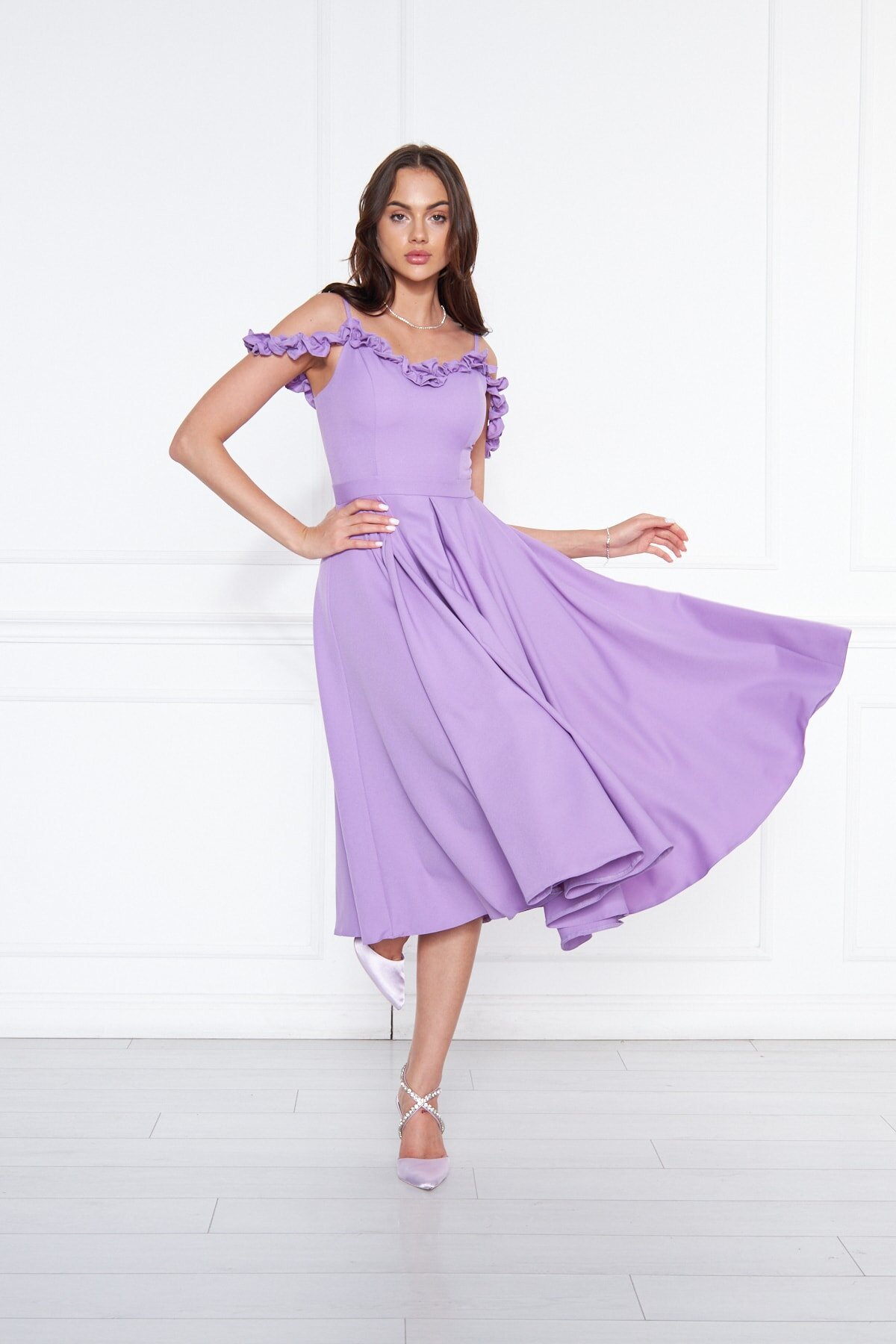 Midi Flared Pleated Adjustable Strap Ruffle Detail Evening Dress - Lilac - Bidoluelbise