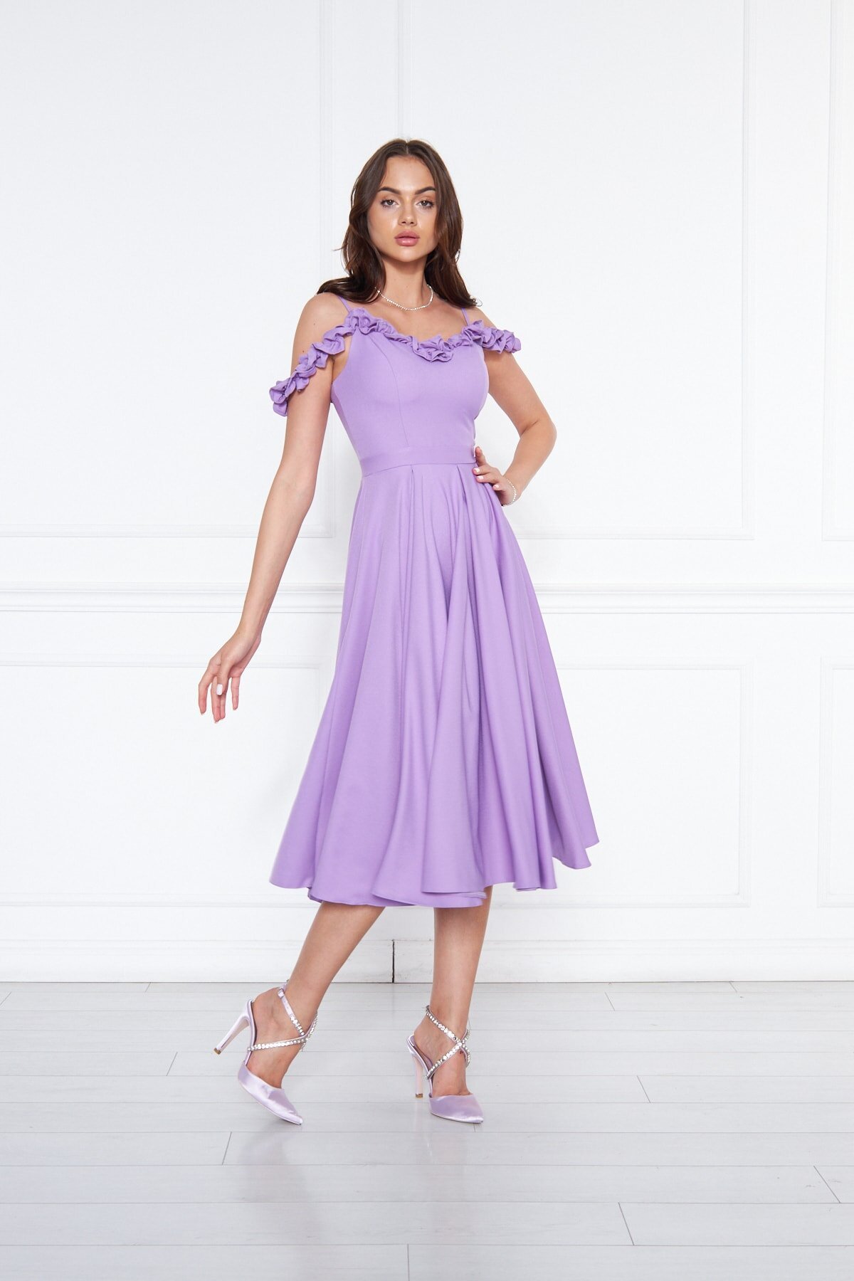 Midi Flared Pleated Adjustable Strap Ruffle Detail Evening Dress - Lilac - Bidoluelbise