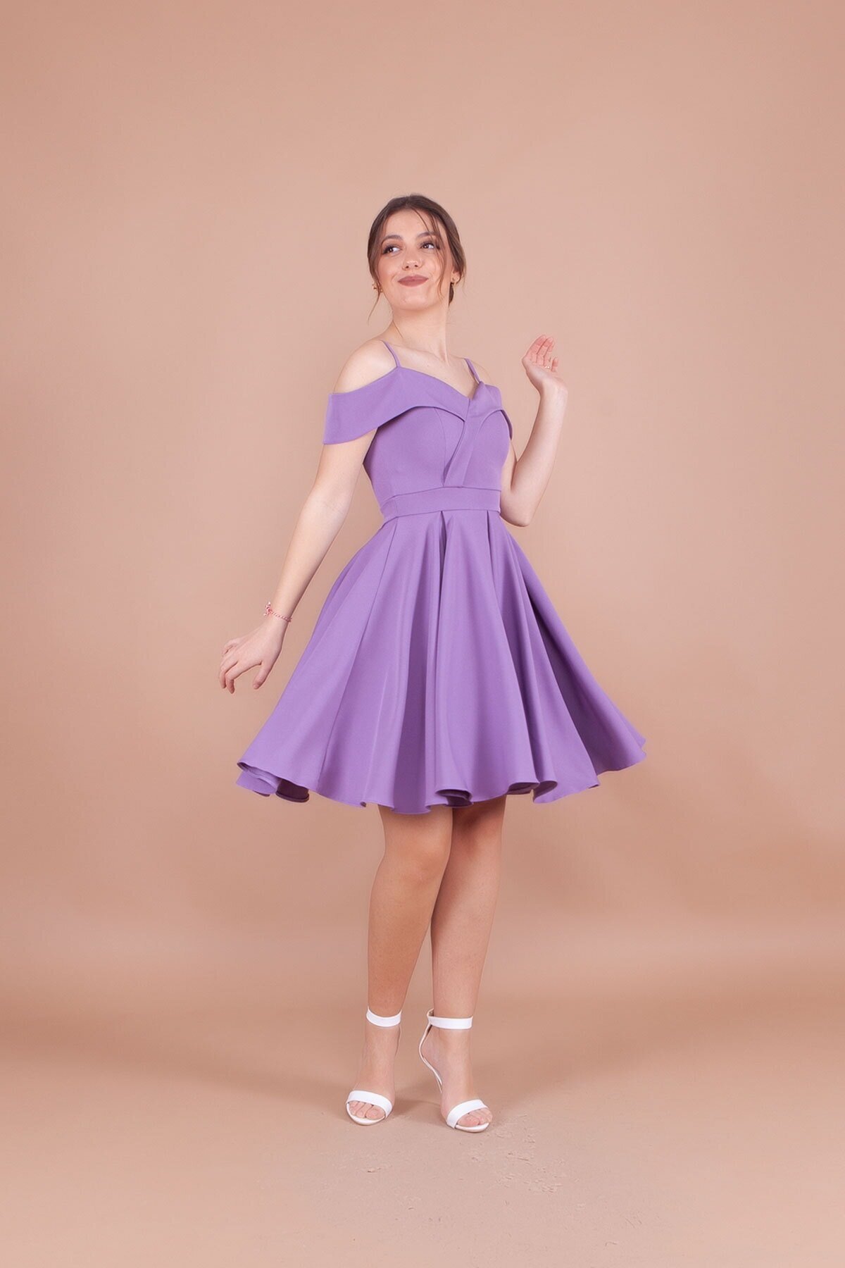 Mini Pleated Strappy Drop-Shoulder Evening Dress - Lilac - Bidoluelbise